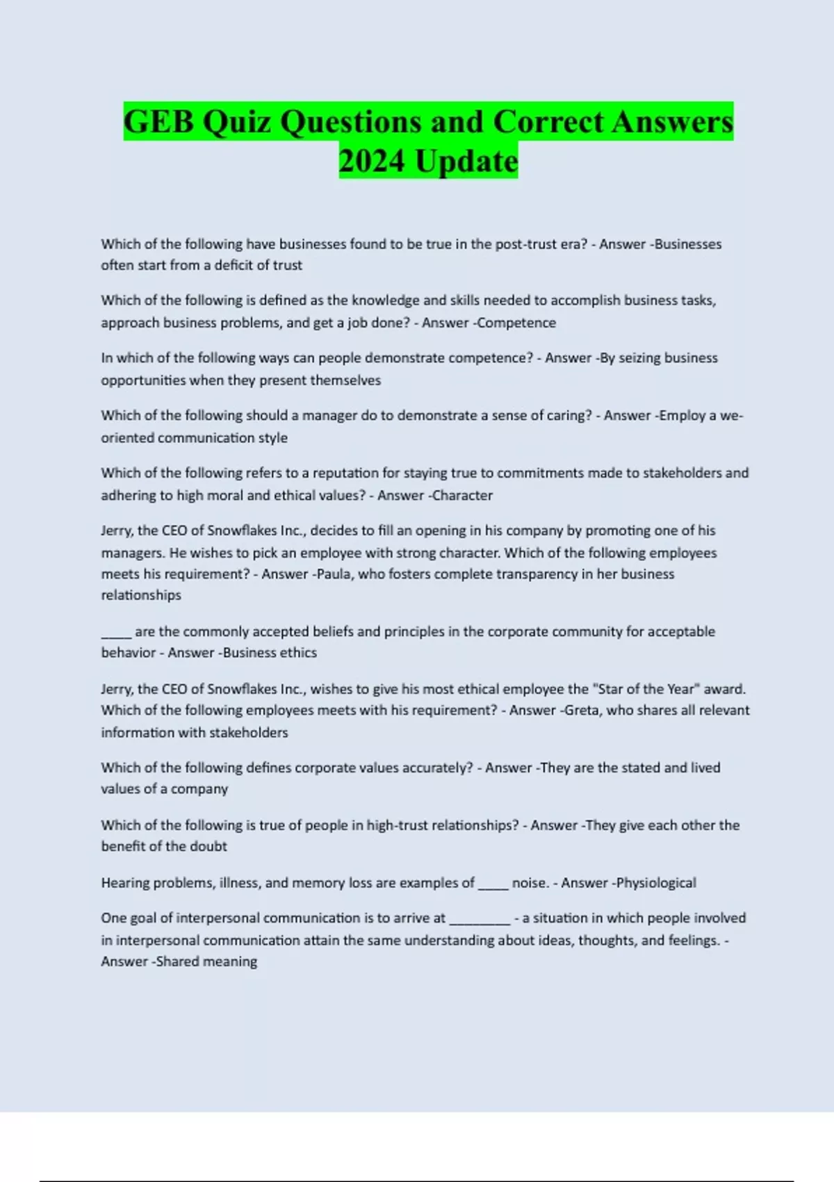 GEB Quiz Questions and Correct Answers 2024 Update - GEB 3213 - Stuvia US