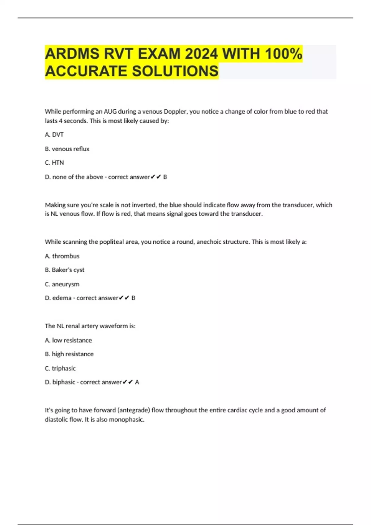 ARDMS RVT EXAM 2024 WITH 100% ACCURATE SOLUTIONS - ARDMS RVT - Stuvia US