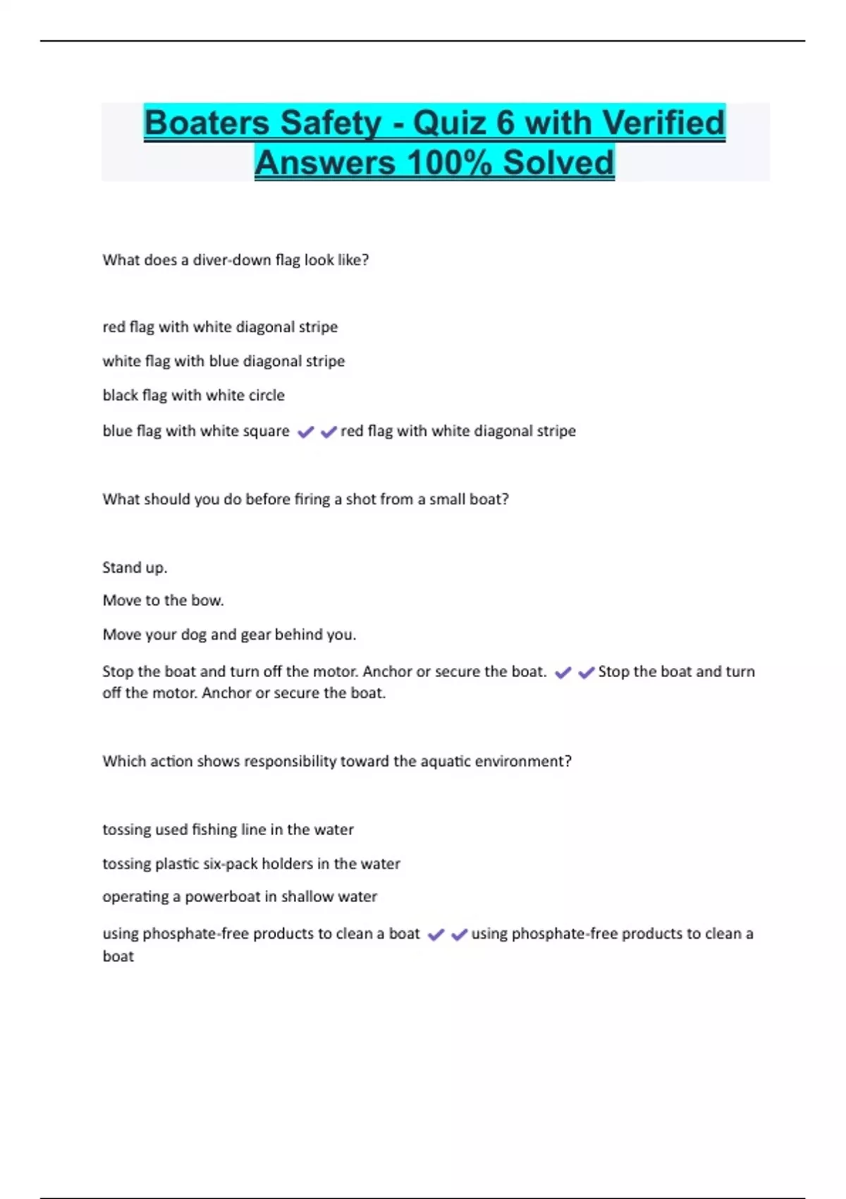 Boaters Safety Quiz 6 with Verified Answers 100 Solved Boaters