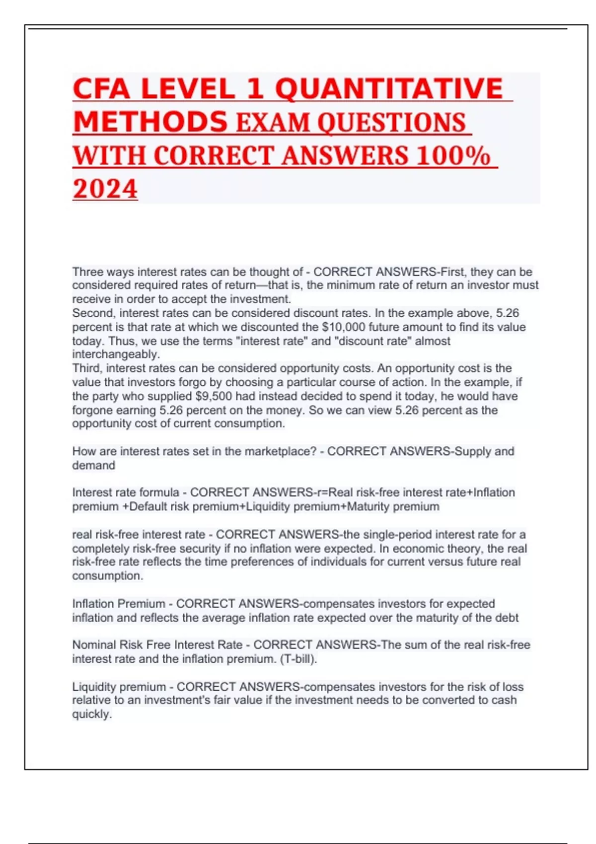 CFA LEVEL 1 QUANTITATIVE METHODS EXAM QUESTIONS WITH CORRECT ANSWERS ...