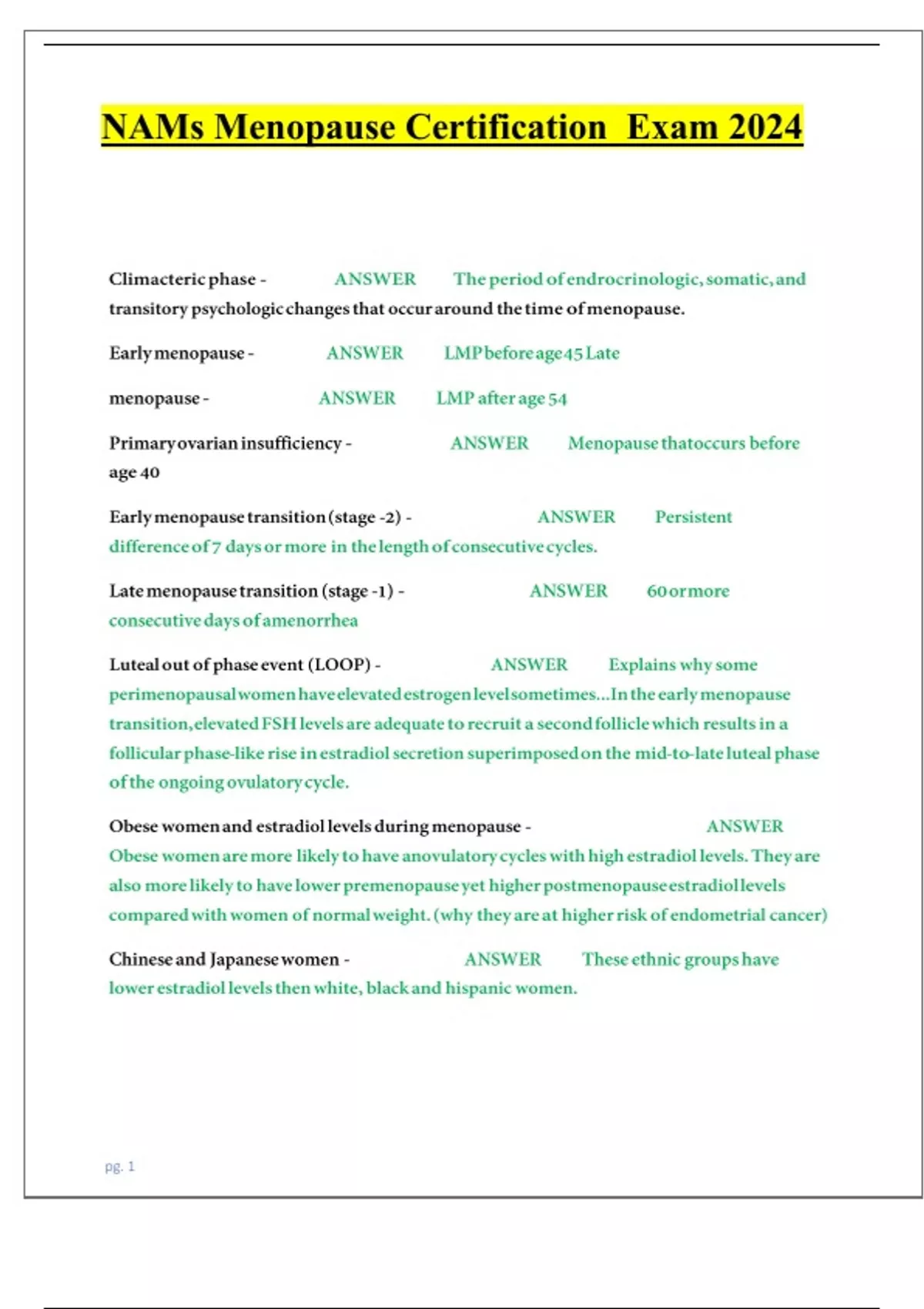 NAMs Menopause Certification Exam 2024 with complete solution NAMS