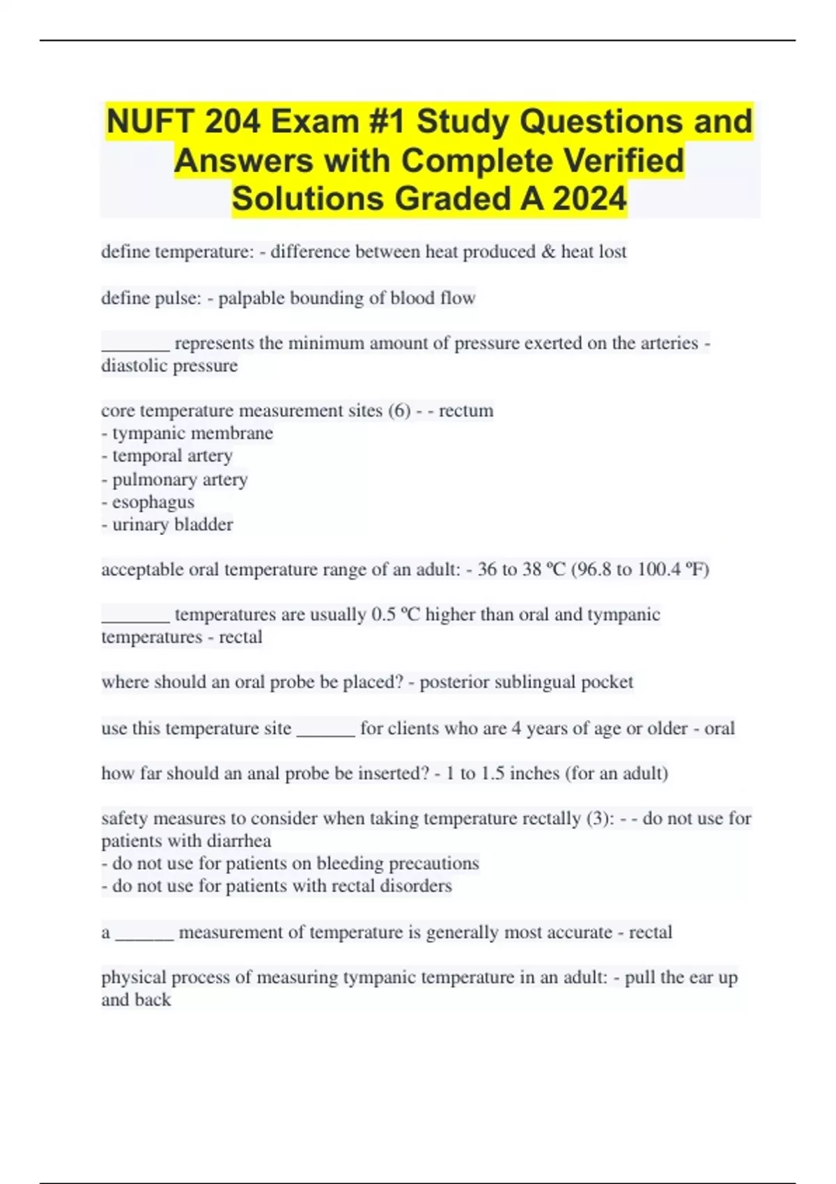 NUFT 204 Exam #1 Study Questions and Answers with Complete Verified ...