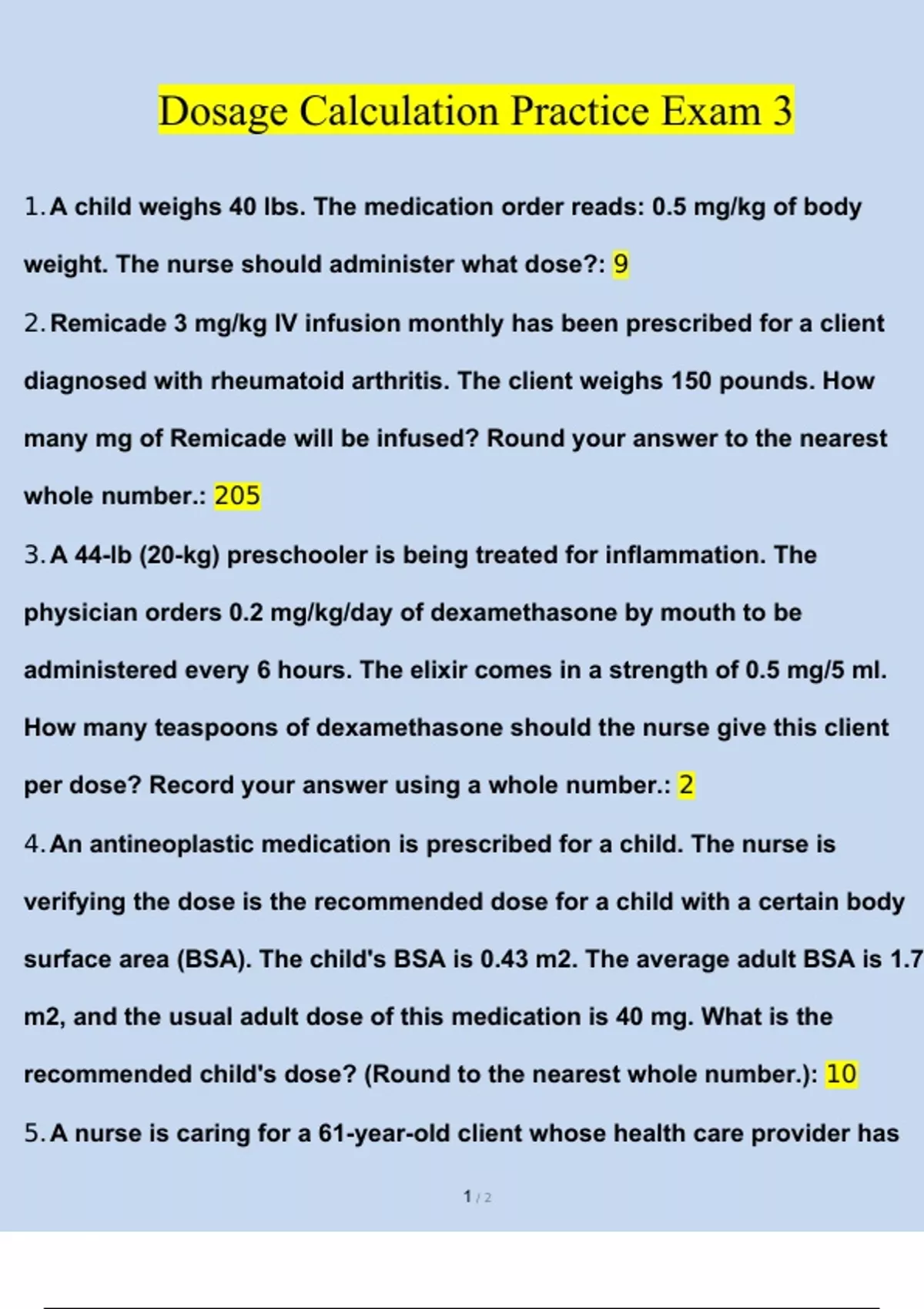 Dosage Calculation Practice Exam 3 QUESTIONS AND ANSWERS BEST Attained ...