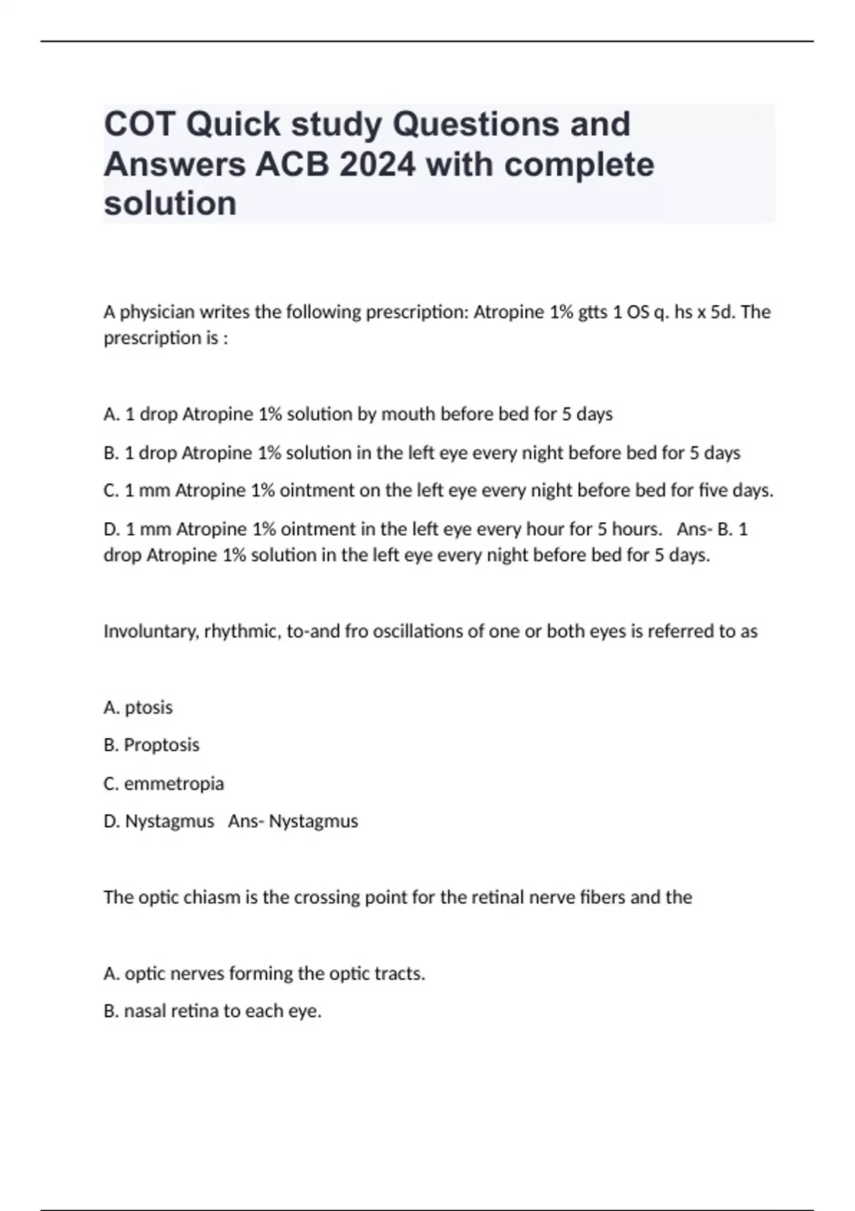 COT Quick study Questions and Answers ACB 2024 with complete solution