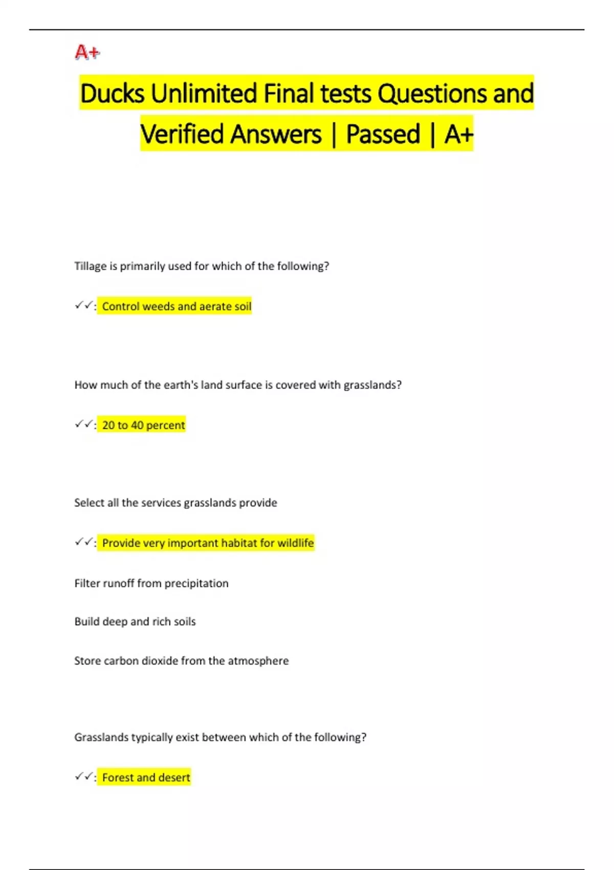 Ducks Unlimited Final tests Questions and Verified Answers | Passed ...