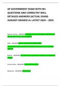 AP GOVERNMENT EXAM WITH 90&plus; QUESTIONS AND CORRECTRY WELL DETAILED ANSWERS &lpar;ACTUAL EXAM&rpar; ALREADY GRADED A&plus; LATEST 2024 &ndash; 2025 
