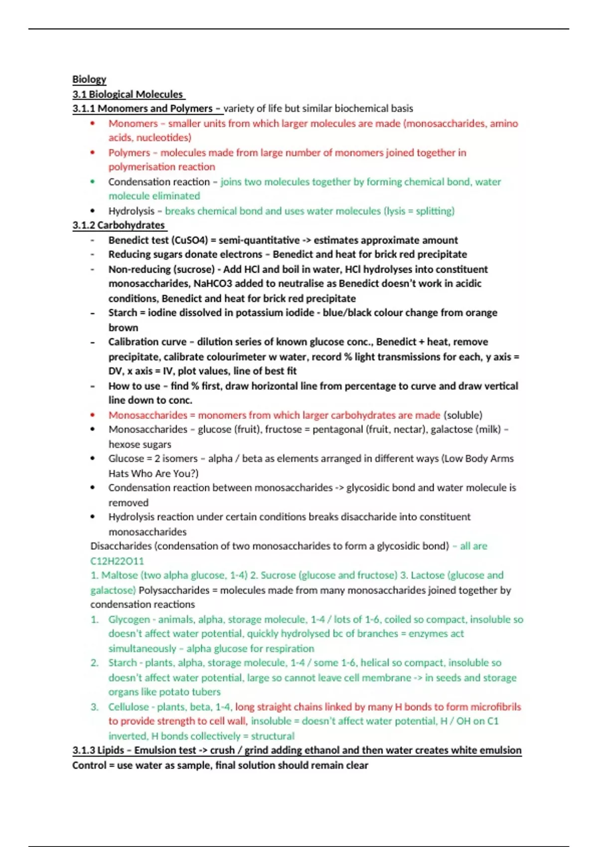 Summary Biological Molecules A-level AQA notes - Unit 1 - Biological ...