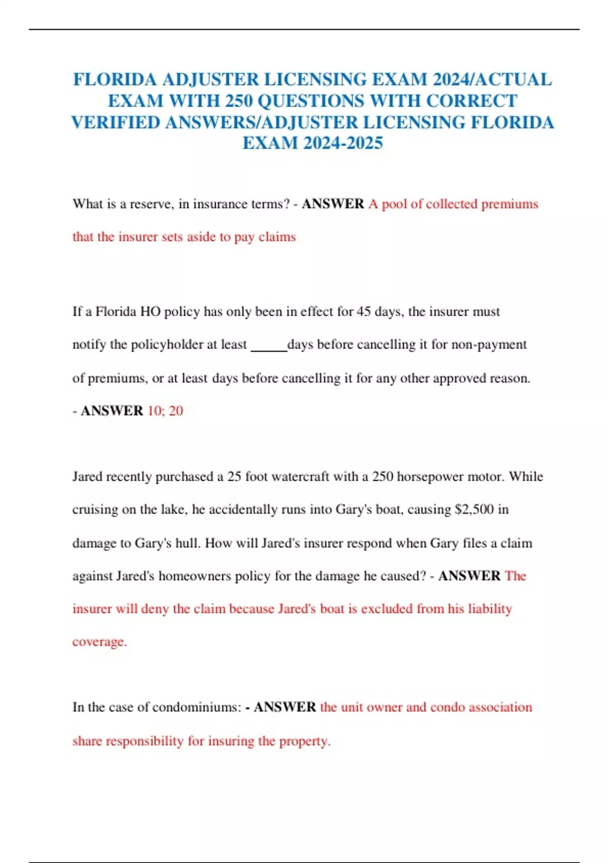 FLORIDA ADJUSTER LICENSING EXAM 2024/ACTUAL EXAM WITH 250 QUESTIONS
