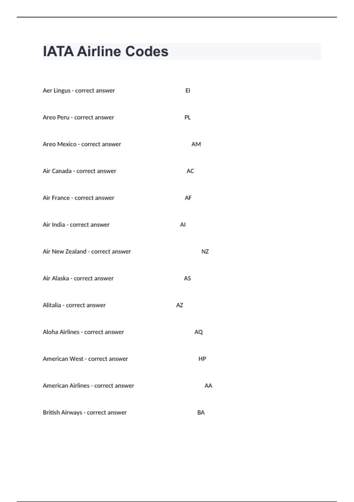 IATA Airline Codes Complete Questions And Actual Correct Answers ...