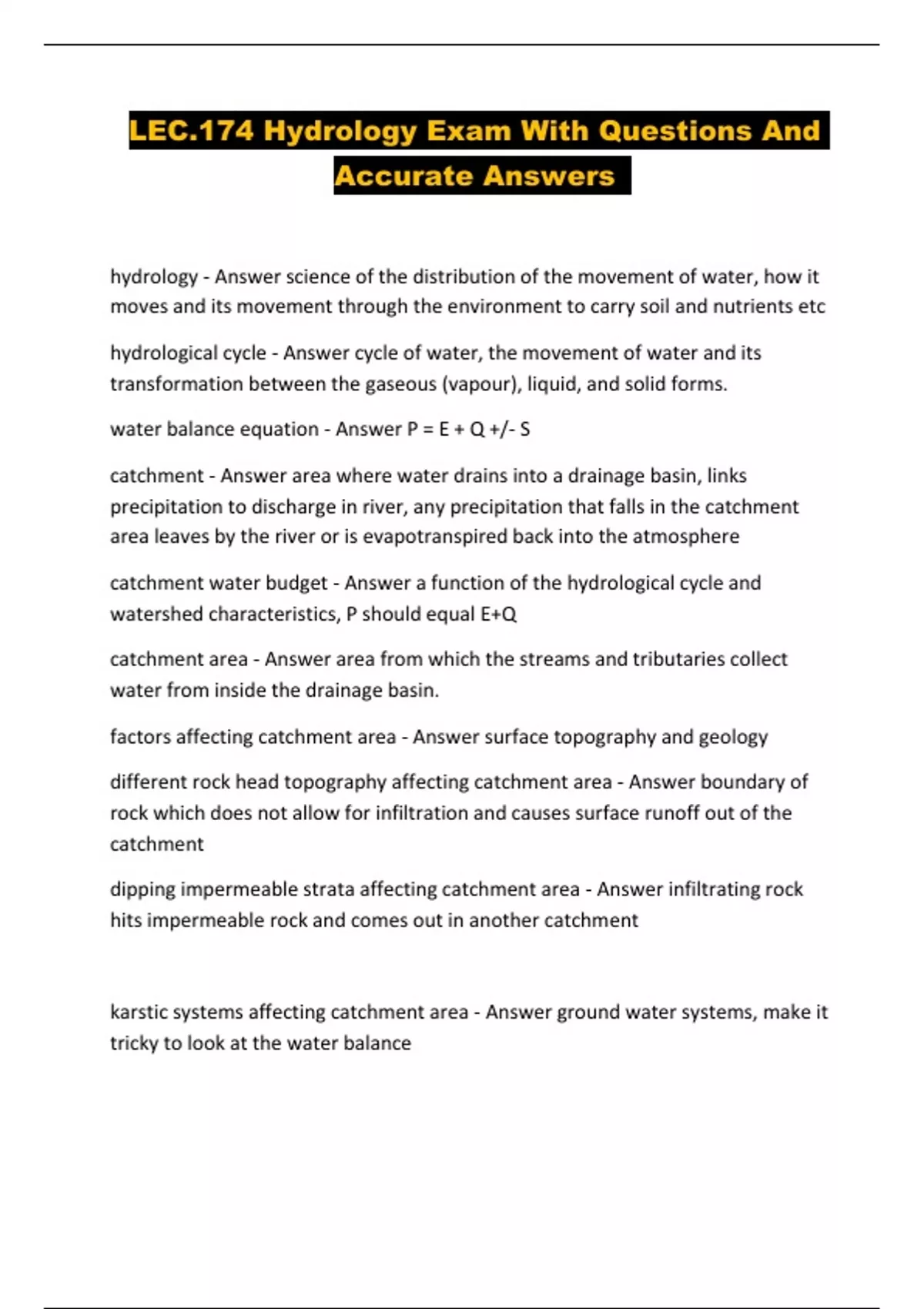 LEC.174 Hydrology Exam With Questions And Accurate Answers - LEC.174 ...