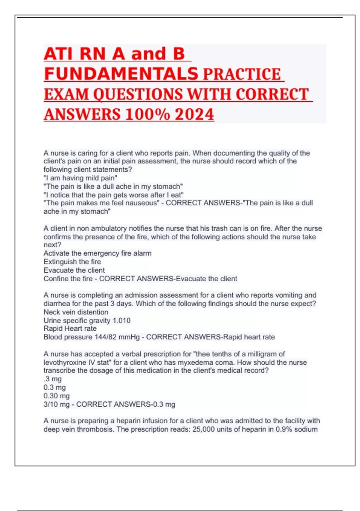 ATI RN A and B FUNDAMENTALS PRACTICE EXAM QUESTIONS WITH CORRECT ...