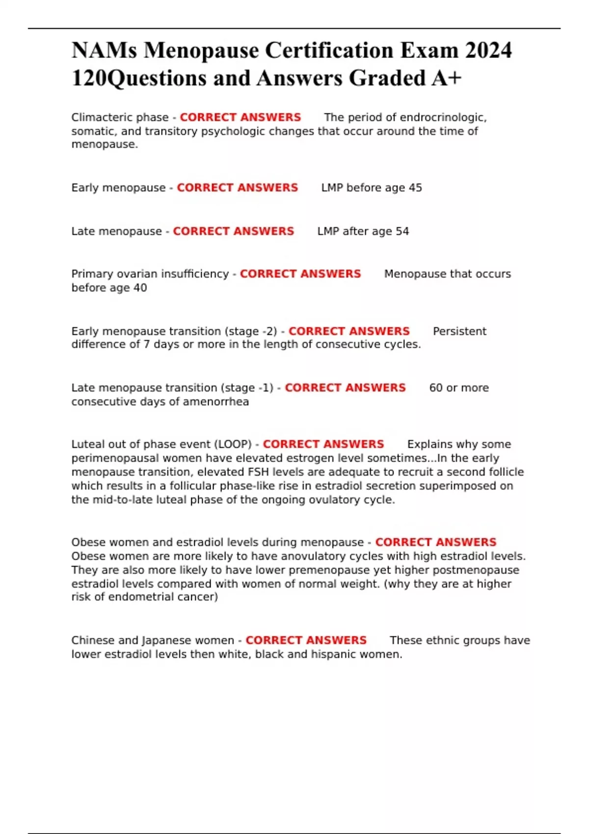 NAMs Menopause Certification Exam 2024 120Questions and Answers Graded