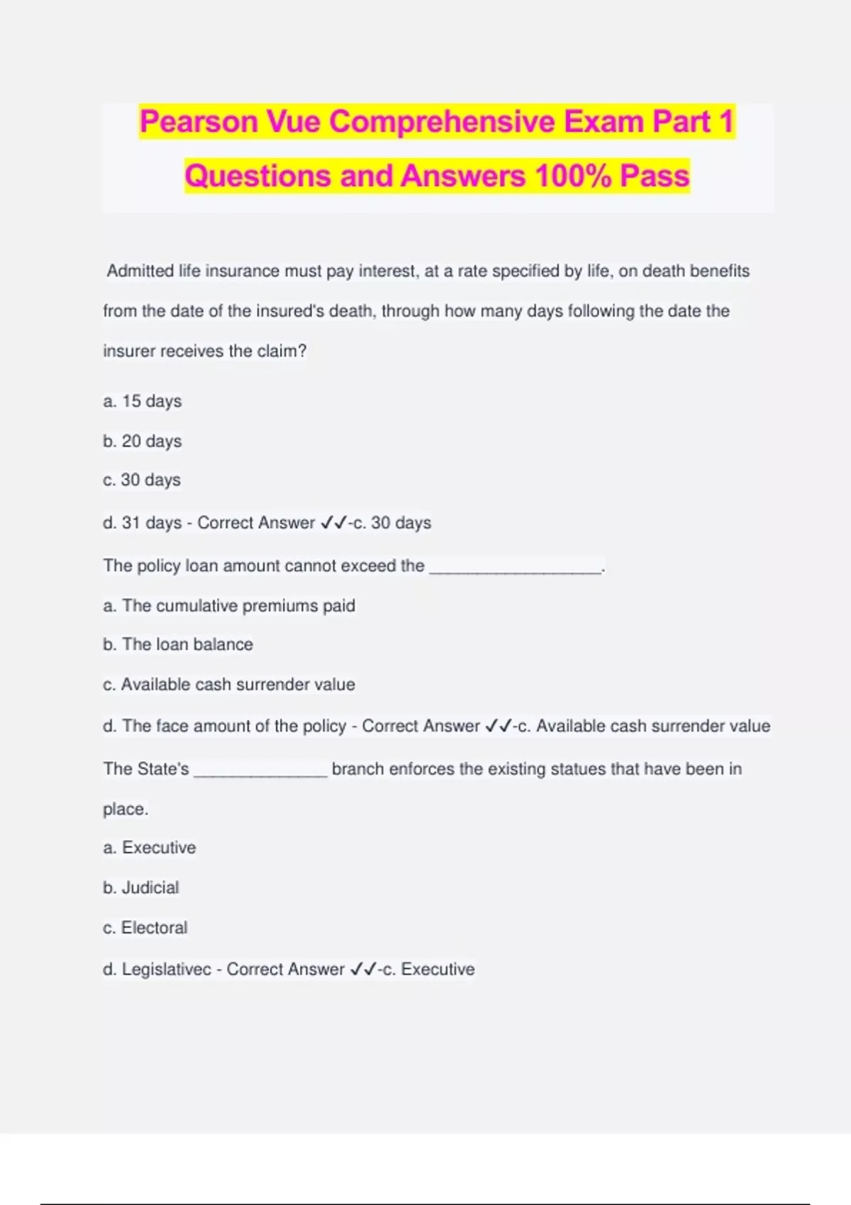 Pearson Vue Comprehensive Exam Part 1 Questions and Answers 100 Pass