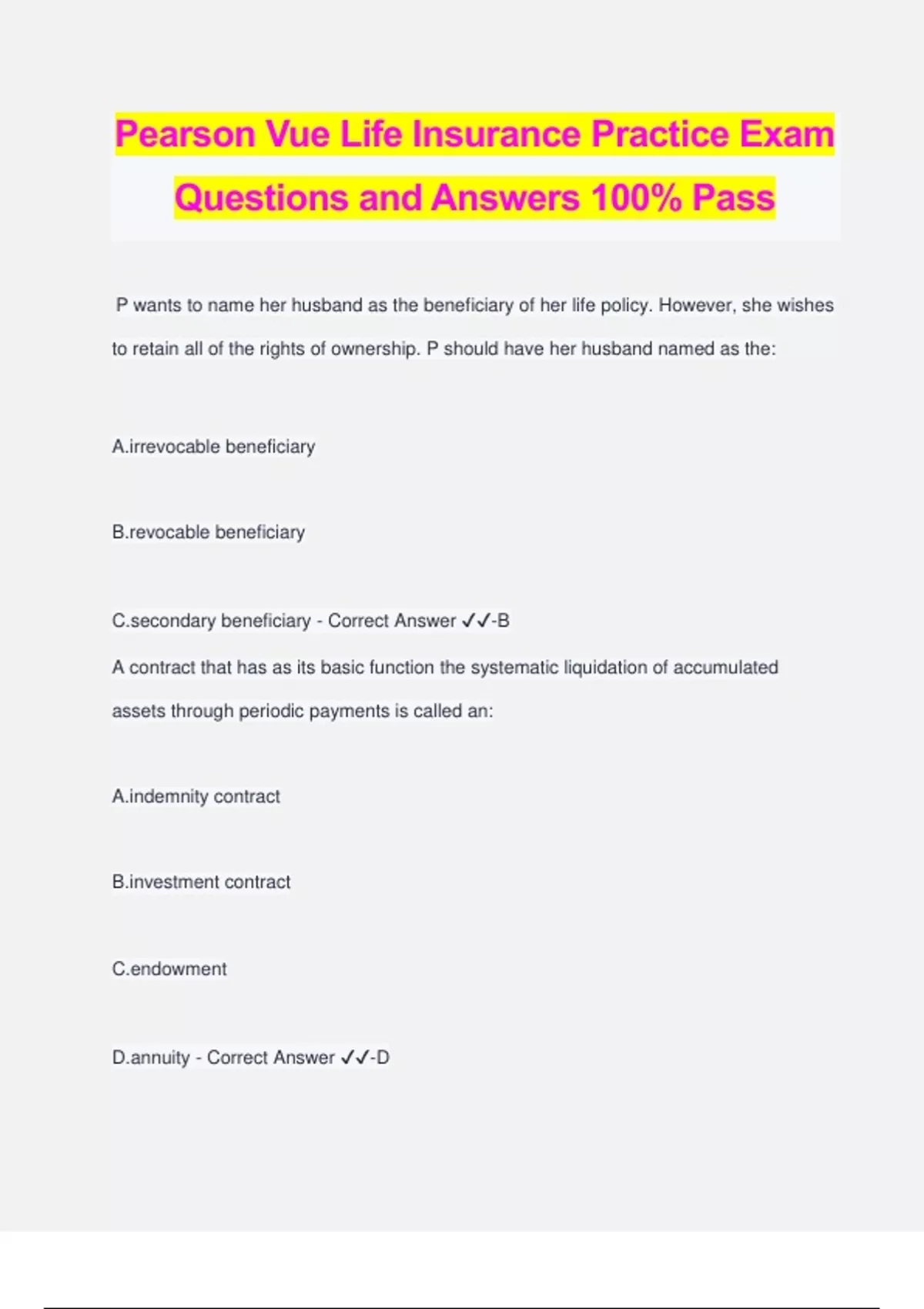 Pearson Vue Life Insurance Practice Exam Questions and Answers 100