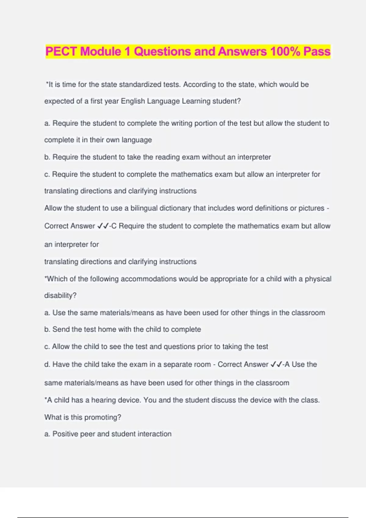 PECT Module 1 Questions and Answers 100% Pass - Pect - Stuvia US