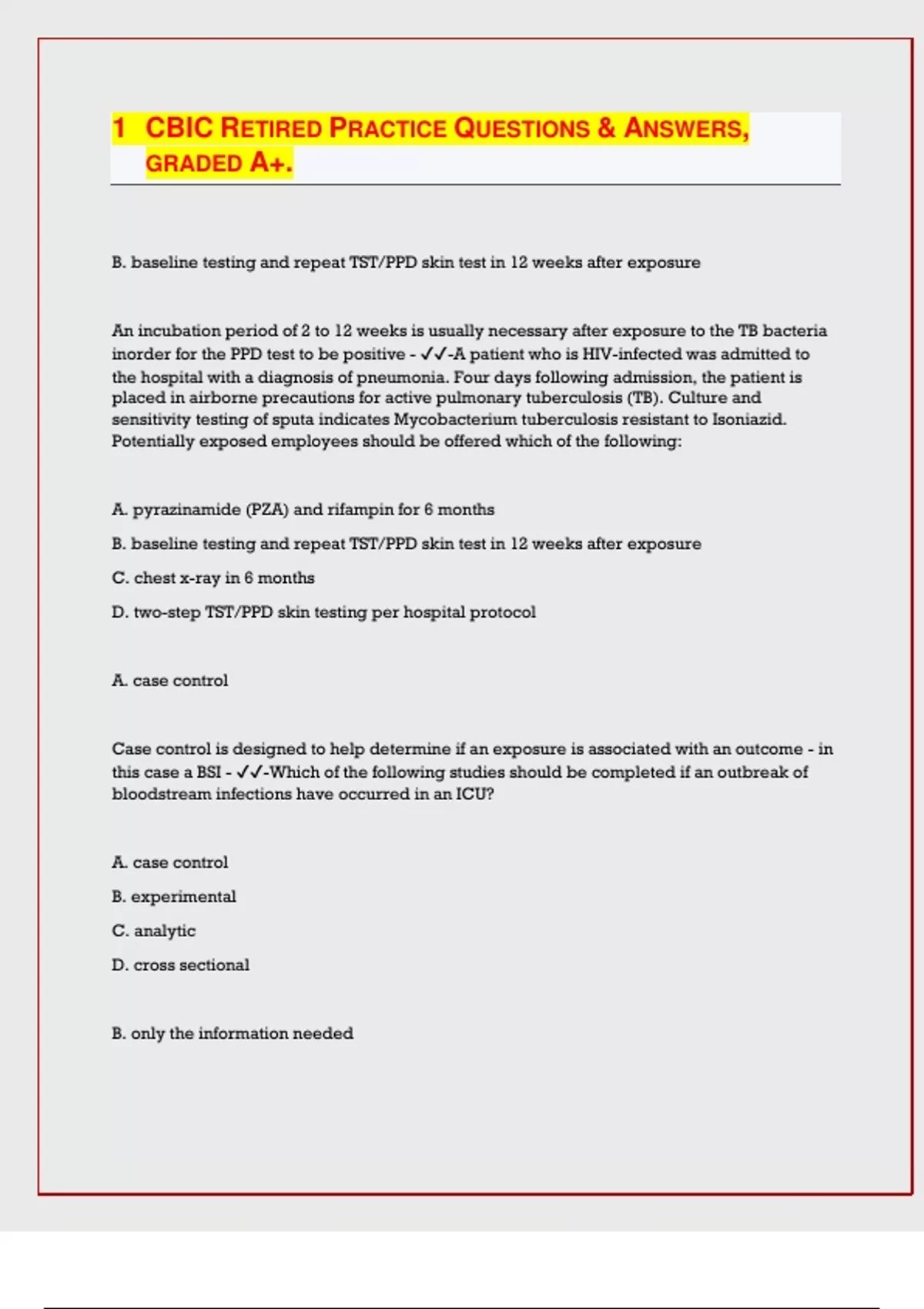 CBIC RETIRED PRACTICE QUESTIONS & ANSWERS, GRADED A+.[LATEST EXAM ...