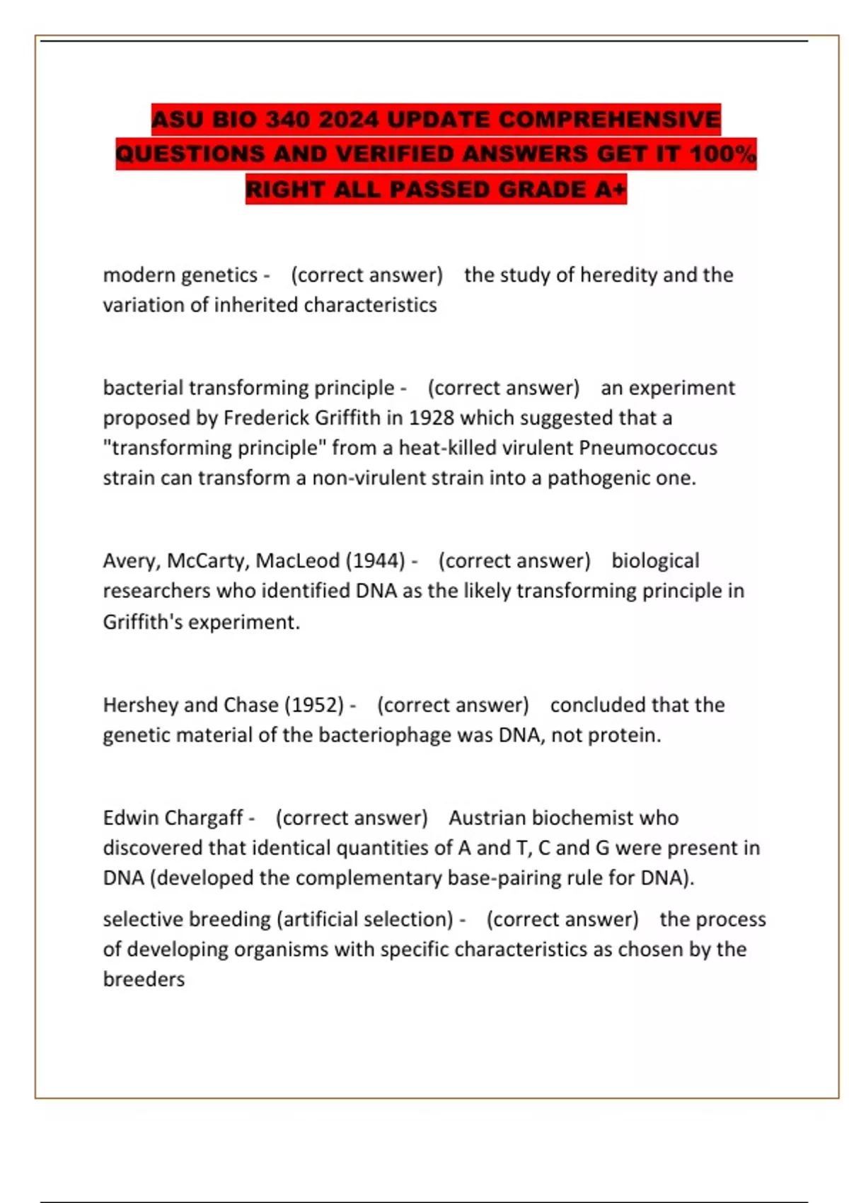 ASU BIO 340 2024 UPDATE COMPREHENSIVE QUESTIONS AND VERIFIED ANSWERS ...