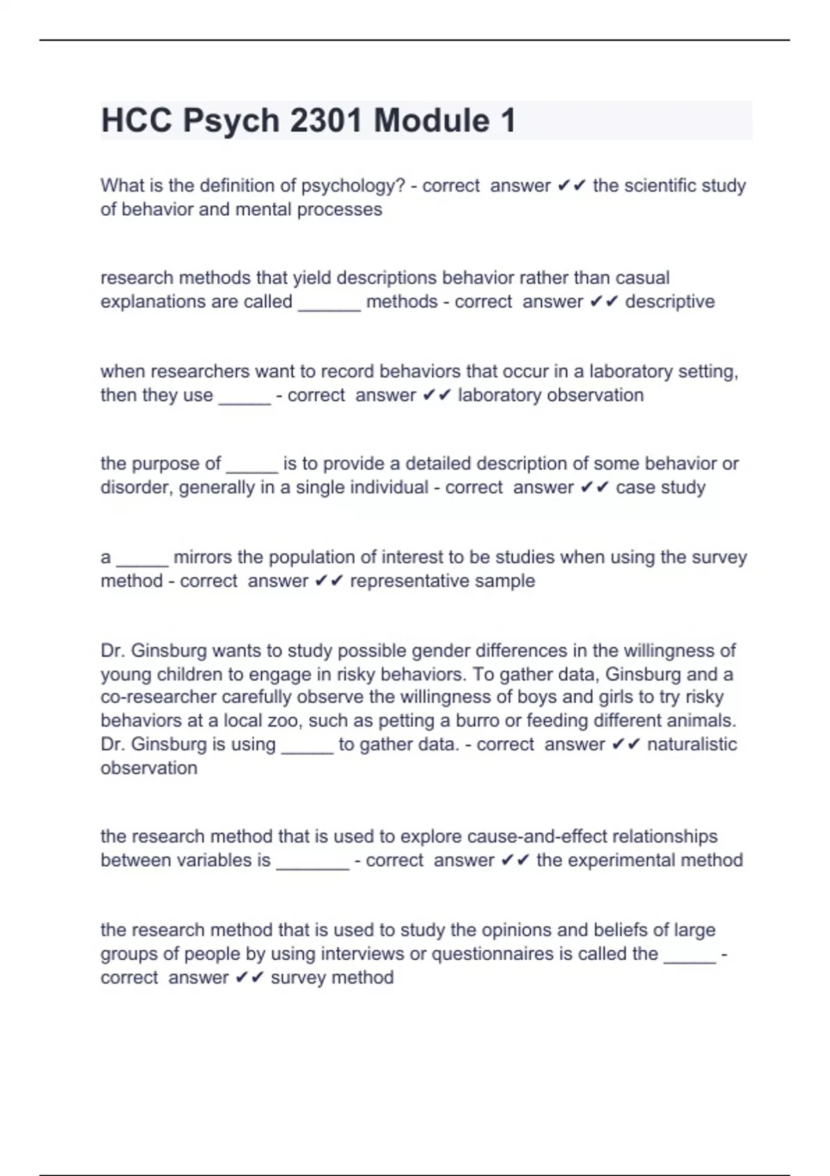 HCC Psych 2301 Module 1 Psychology 2301 Collin College Question and