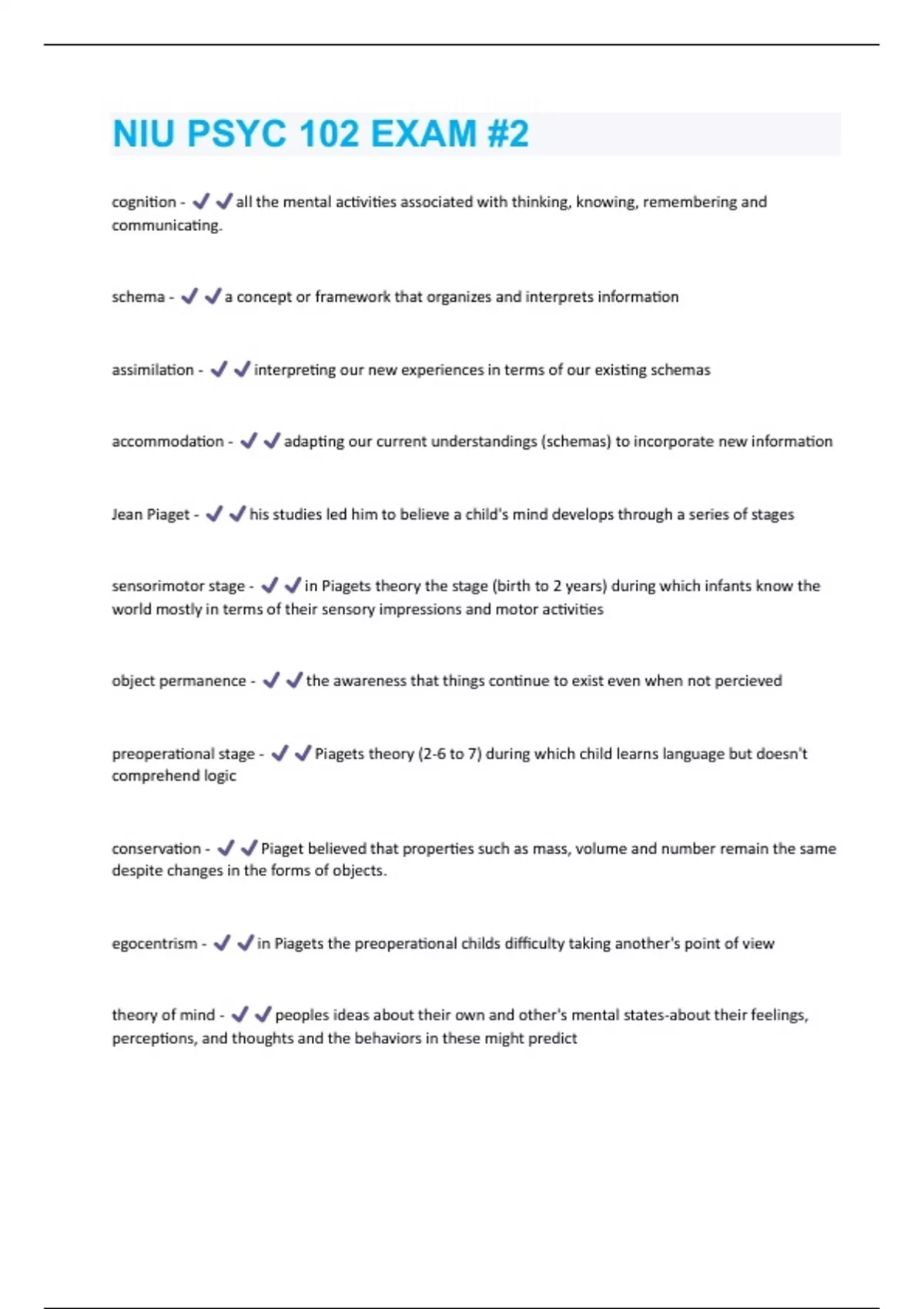 NIU PSYC 102 EXAM #2 Complete Study Questions And Answers Graded A+ ...