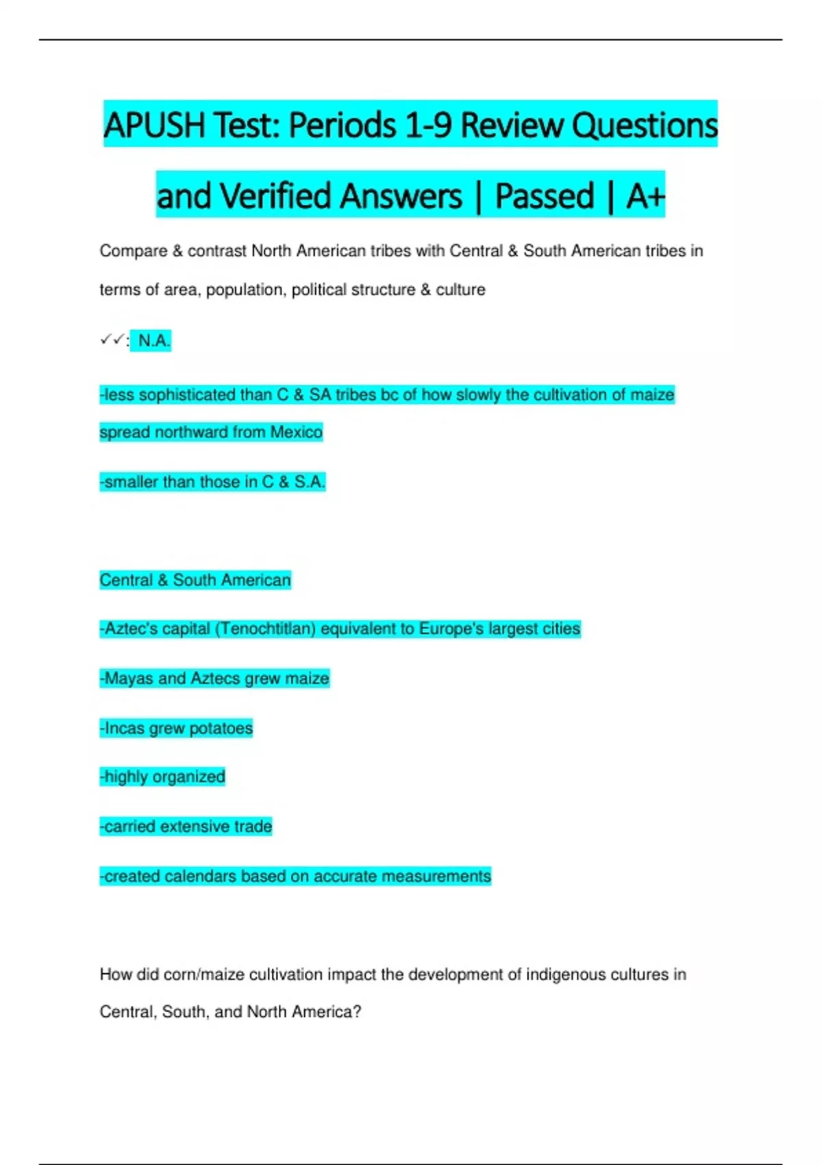 APUSH Test: Periods 1-9 Review Questions and Verified Answers | Passed ...