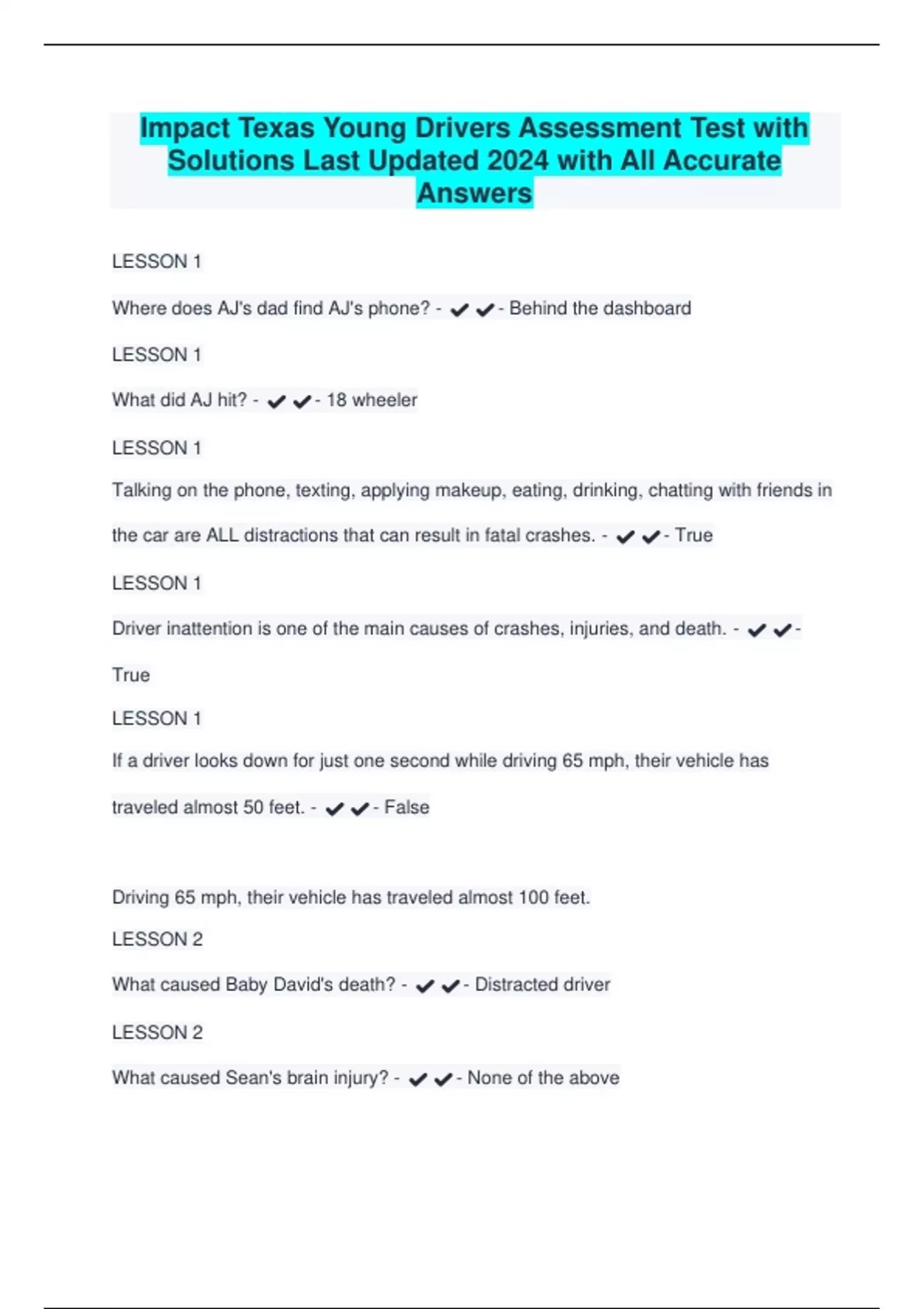 Impact Texas Young Drivers Assessment Test with Solutions Last Updated