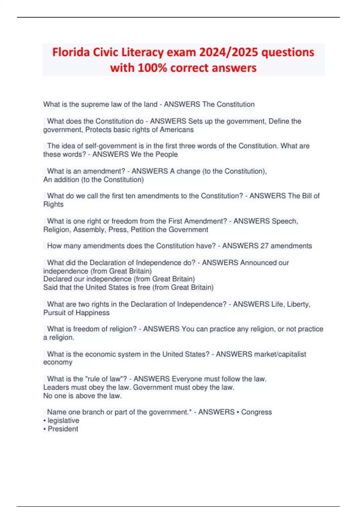 Florida Civic Literacy exam 2024/2025 questions with 100 correct