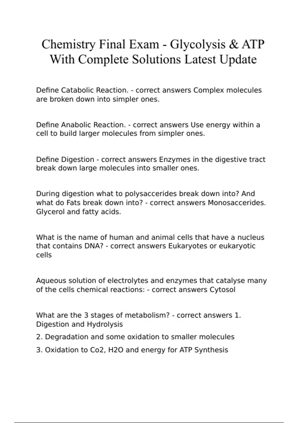 Chemistry Final Exam - Glycolysis & ATP With Complete Solutions Latest ...