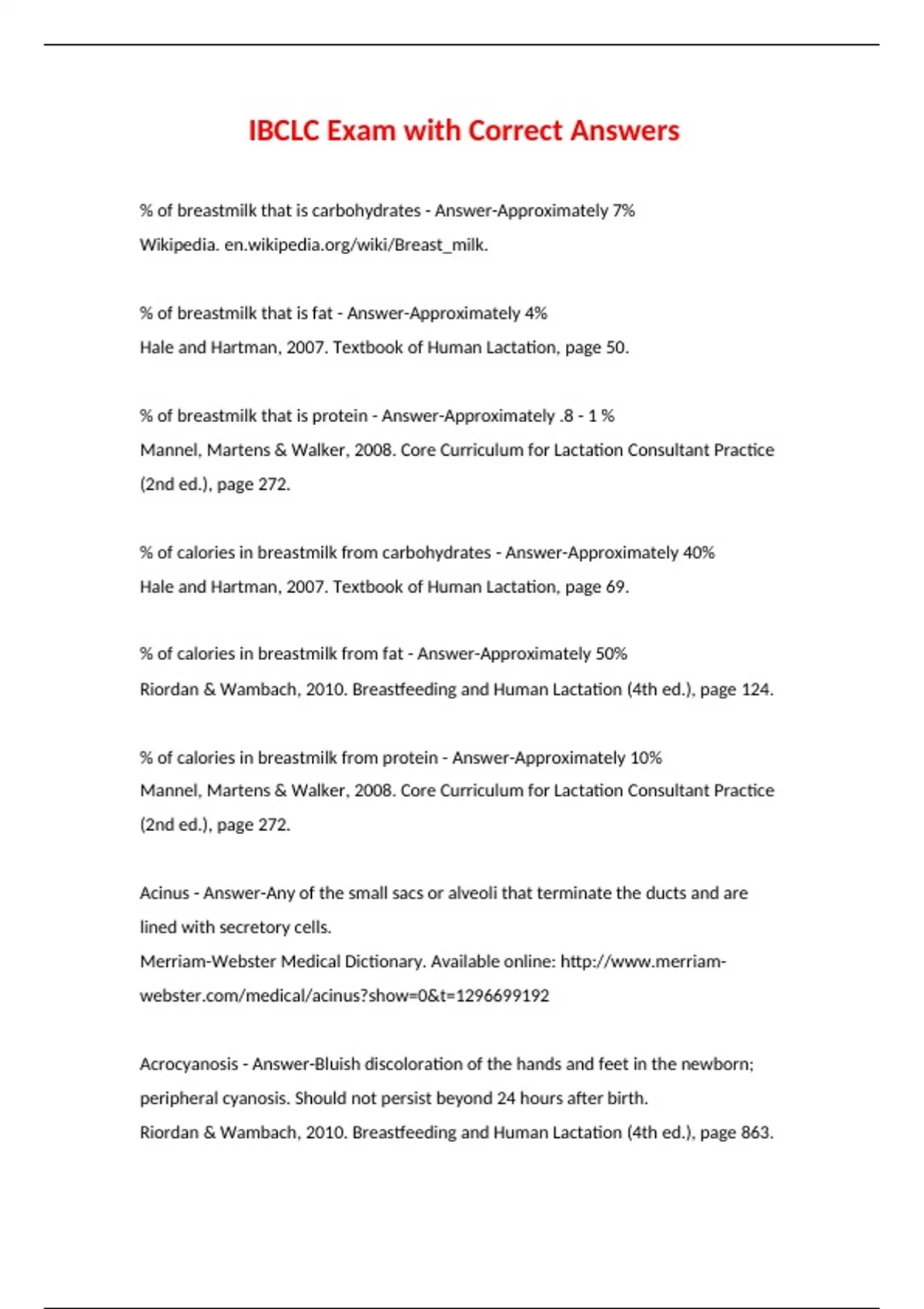 IBCLC Exam with Correct Answers IBCLC Stuvia US