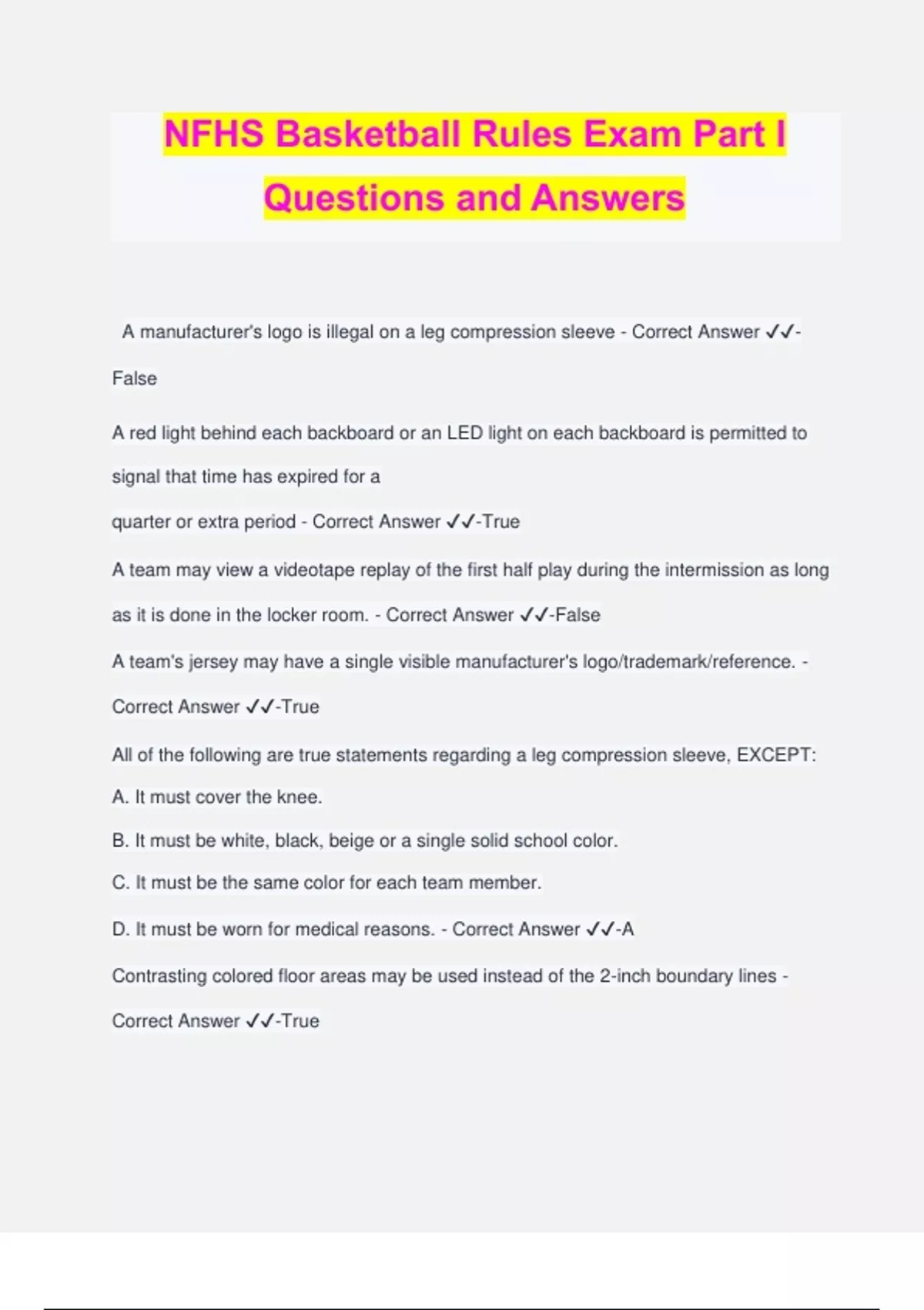 NFHS Basketball Rules Exam Part I Questions and Answers Nfhs Stuvia US