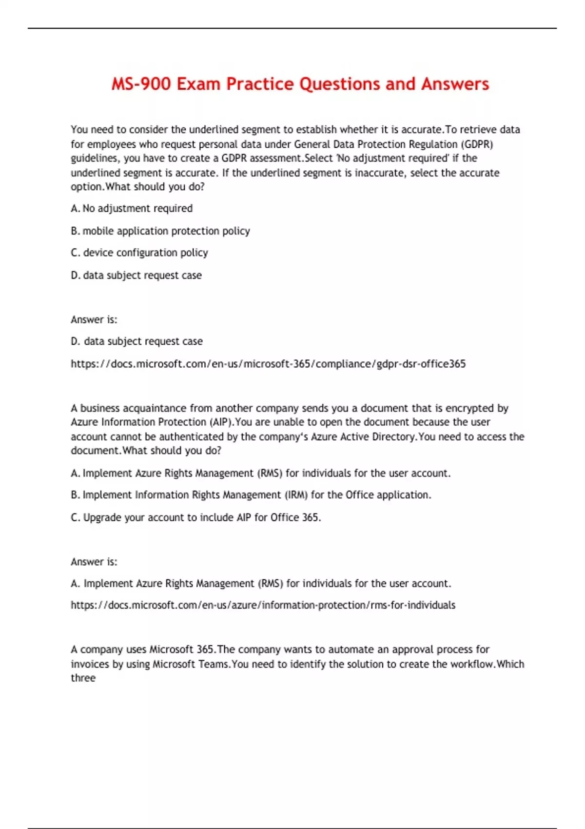 MS-900 Exam Practice Questions and Answers - MS-900 - Stuvia US