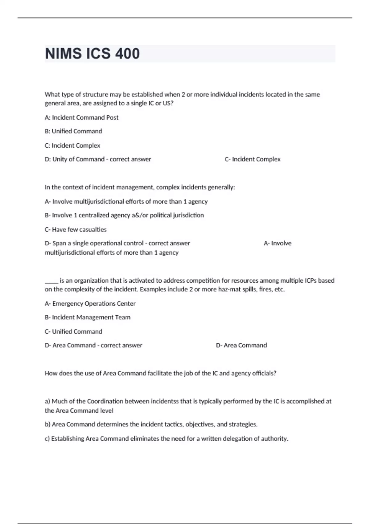 NIMS ICS 400 Exam Study With Verified Questions And Actual Answers ...