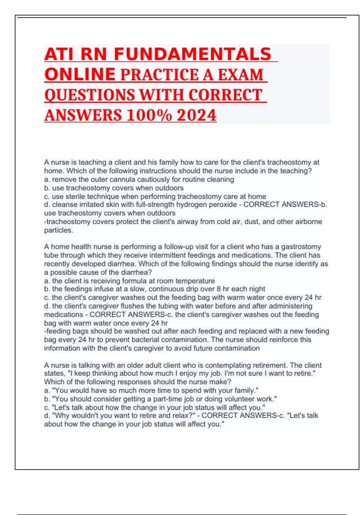 ATI RN FUNDAMENTALS ONLINE PRACTICE A EXAM QUESTIONS WITH CORRECT ...