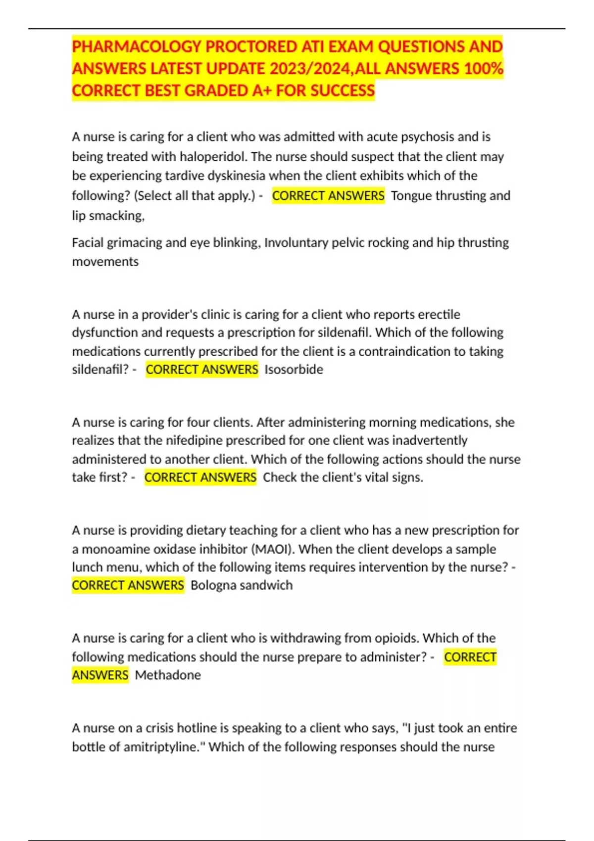 PHARMACOLOGY PROCTORED ATI EXAM QUESTIONS AND ANSWERS LATEST UPDATE ...