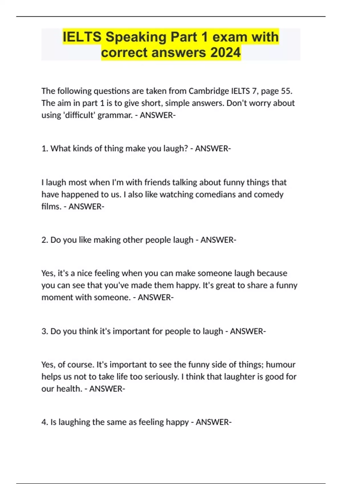 IELTS Speaking Part 1 exam with correct answers 2024. - IELTS - Stuvia US