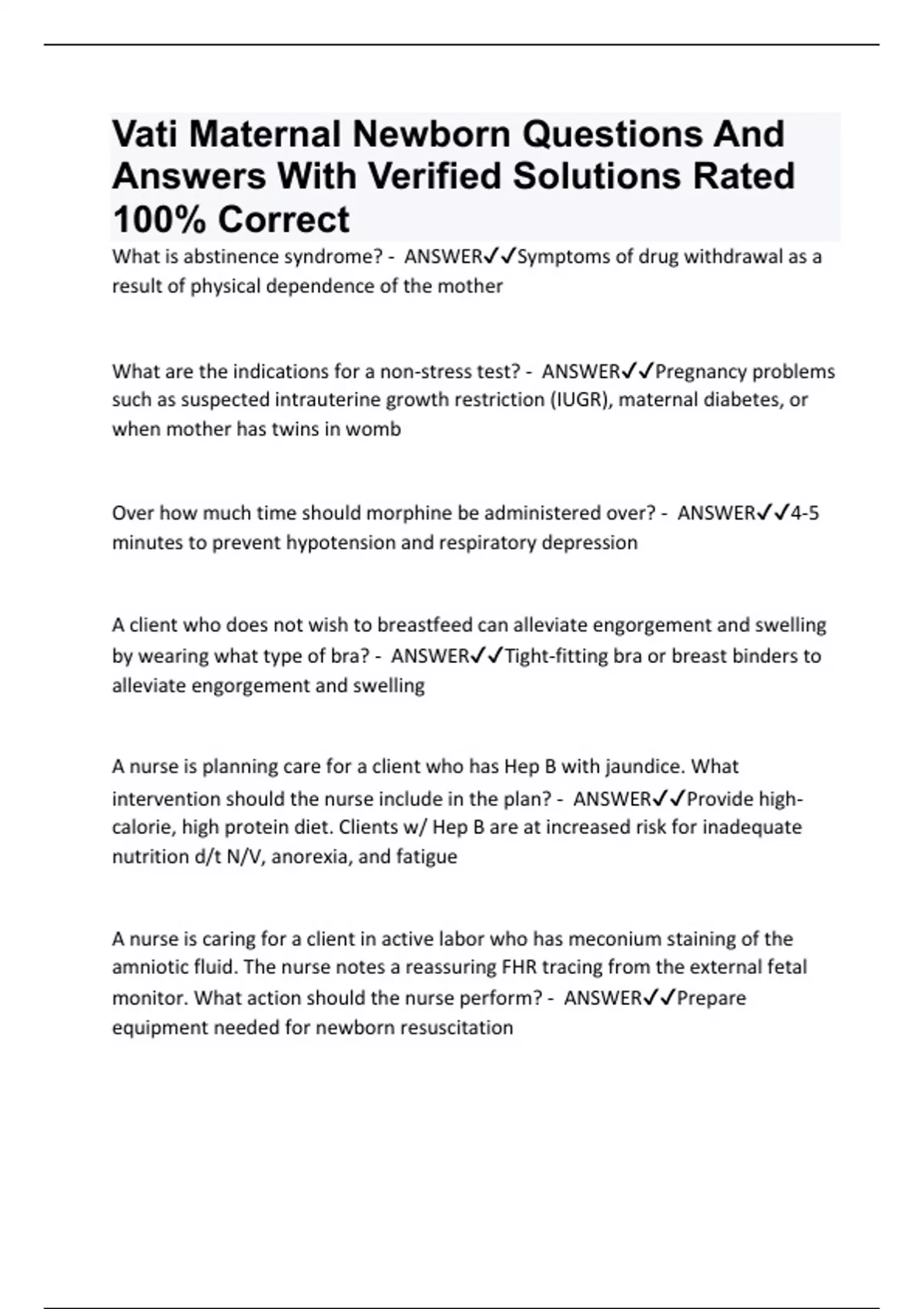 Vati Maternal Newborn Questions And Answers With Verified Solutions ...
