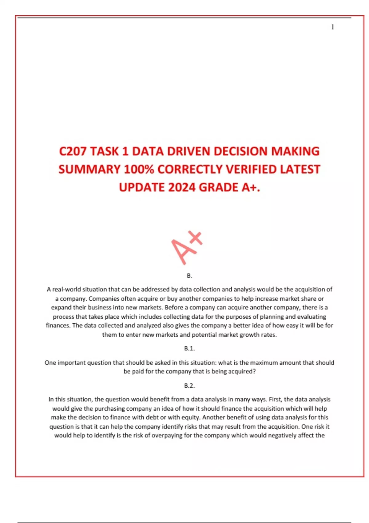 C207 TASK 1 DATA DRIVEN DECISION MAKING SUMMARY 100% CORRECTLY VERIFIED ...