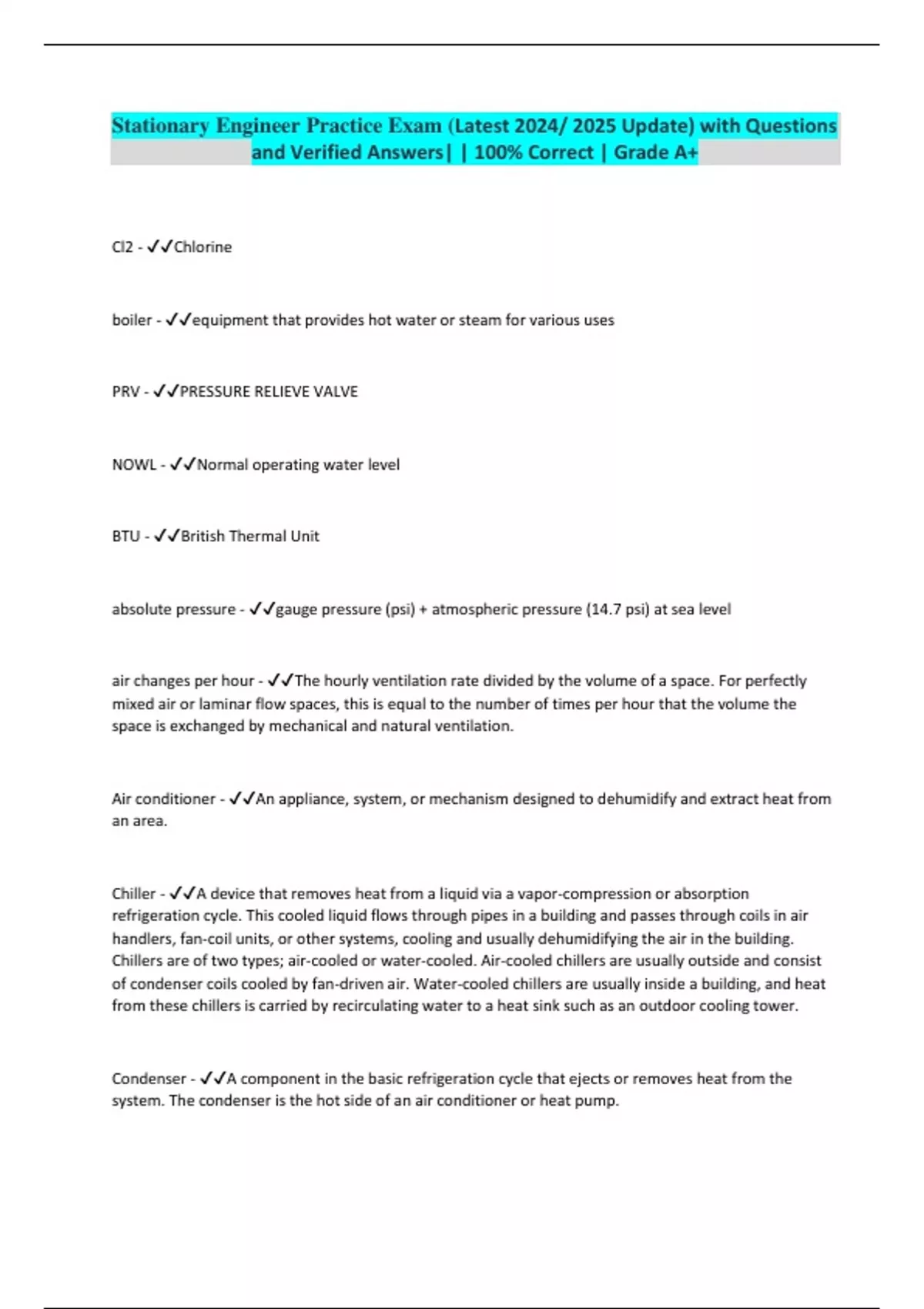 Stationary Engineer Practice Exam (Latest 2024/ 2025 Update) with