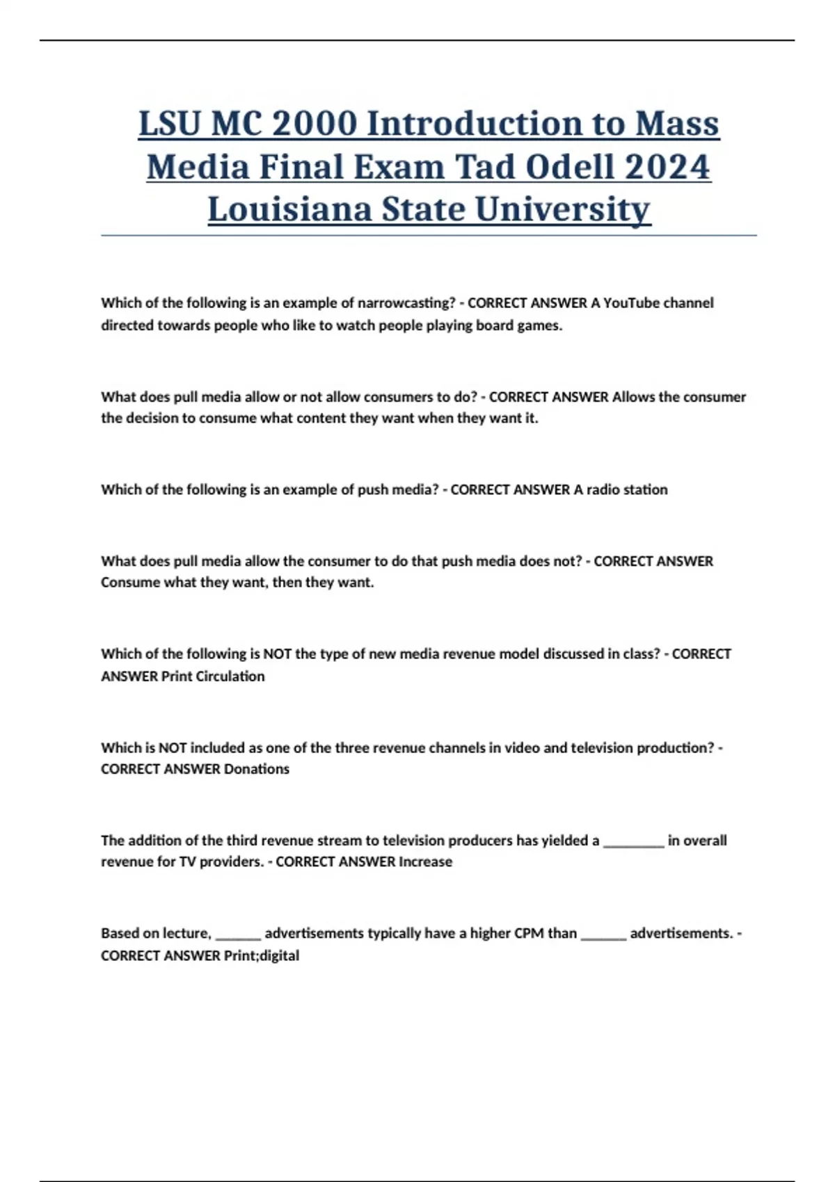 LSU MC 2000 Introduction to Mass Media Final Exam Tad Odell 2024