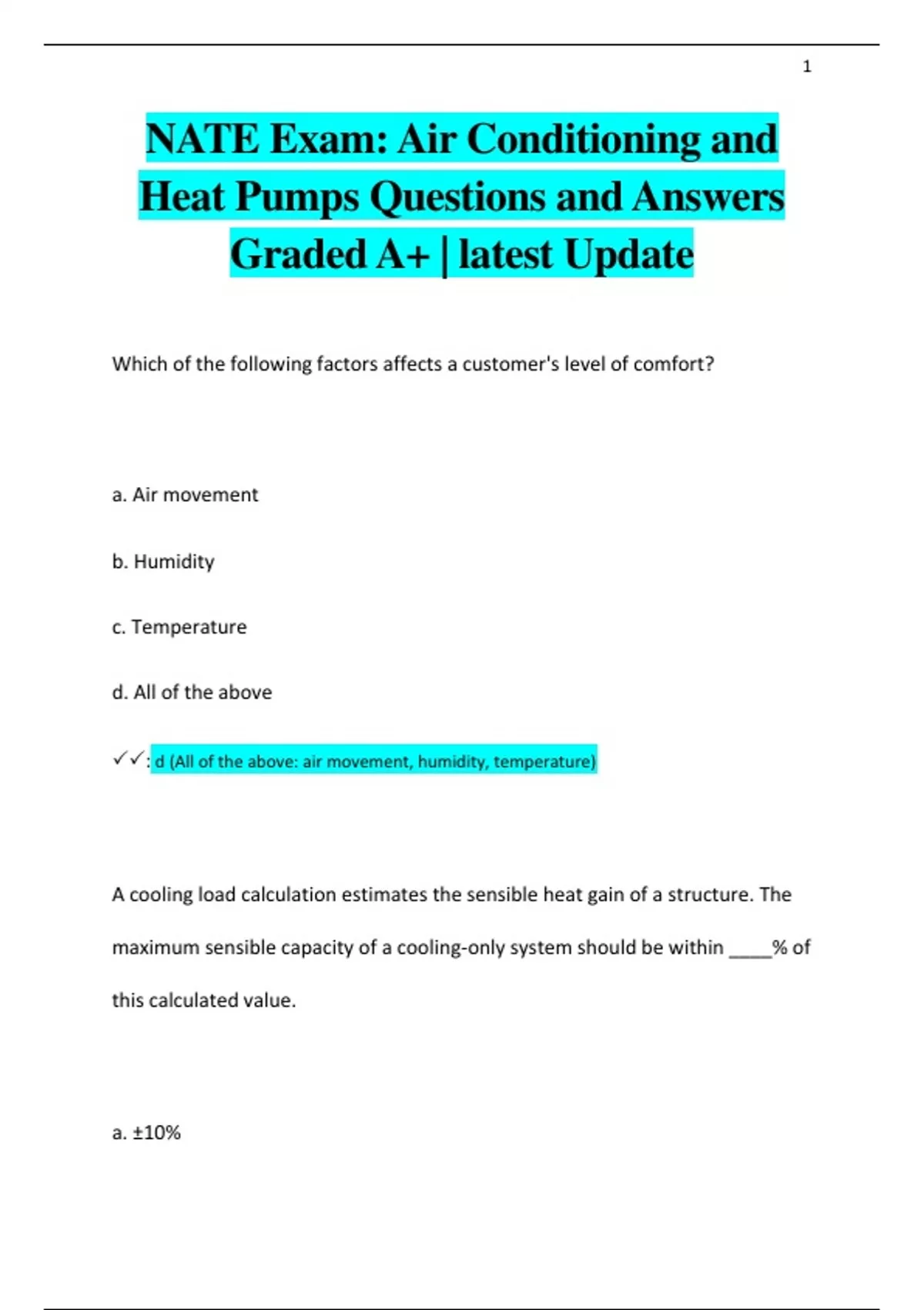 NATE Exam Air Conditioning and Heat Pumps Questions and Answers Graded