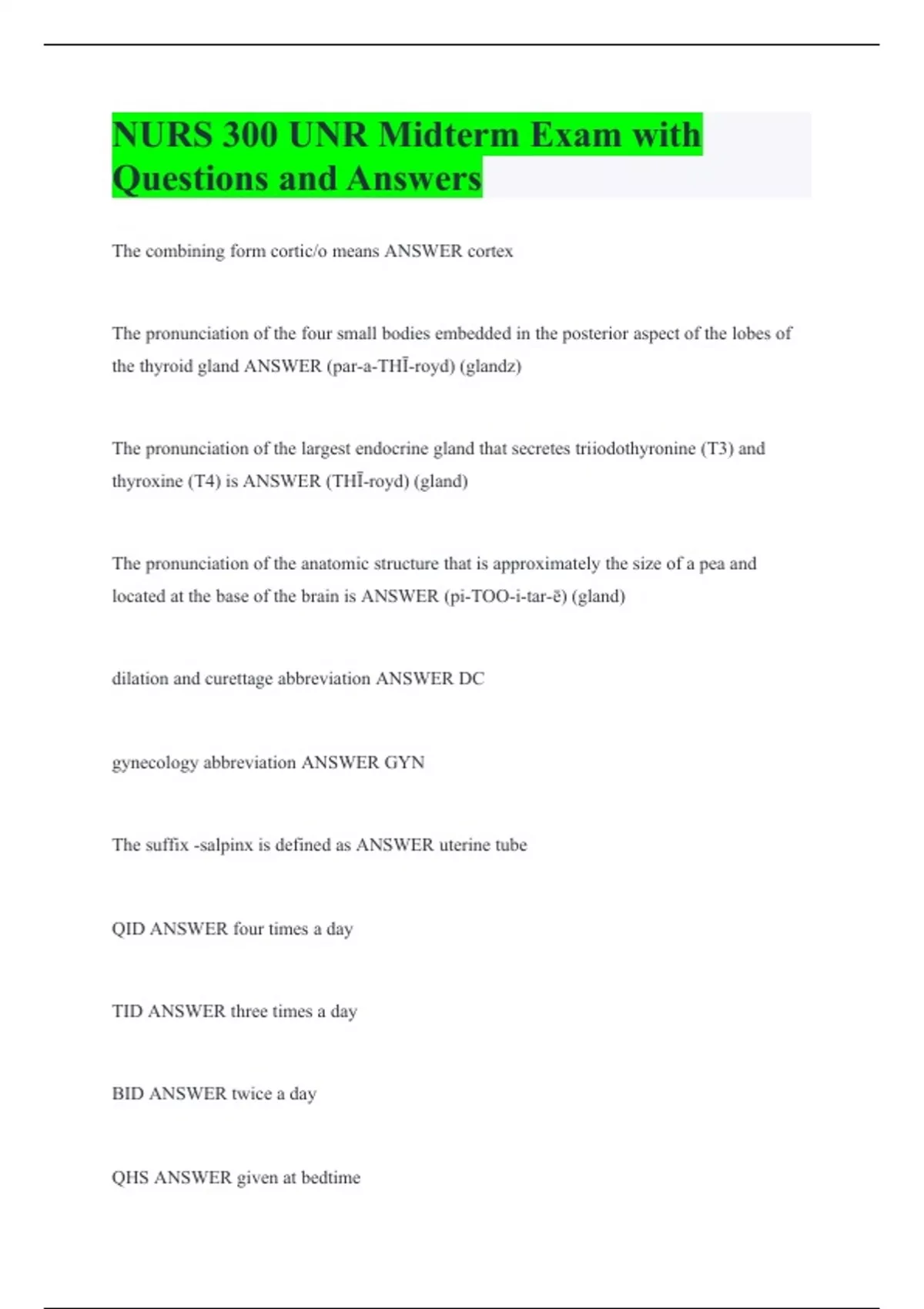 NURS 300 UNR Midterm Exam with Questions and Answers - NURS 300 - Stuvia US
