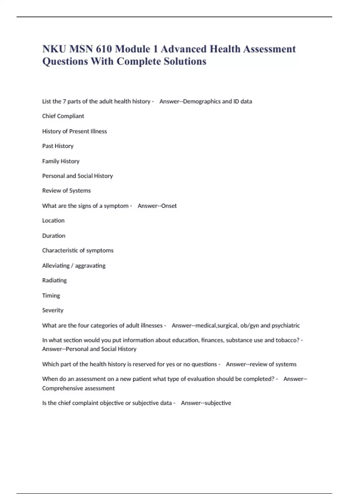 NKU MSN 610 Module 1 Advanced Health Assessment Questions With Complete ...
