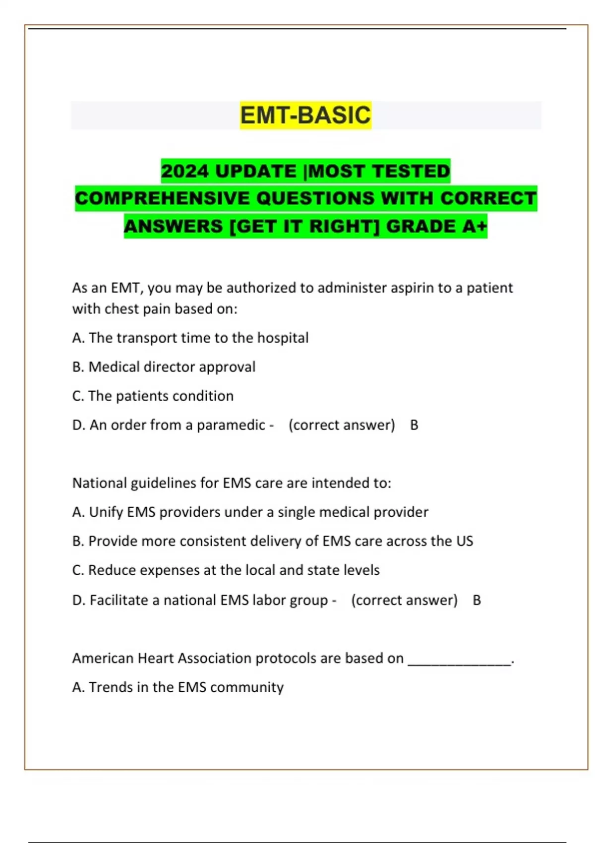 EMT-BASIC 2024 UPDATE |MOST TESTED COMPREHENSIVE QUESTIONS WITH CORRECT ...