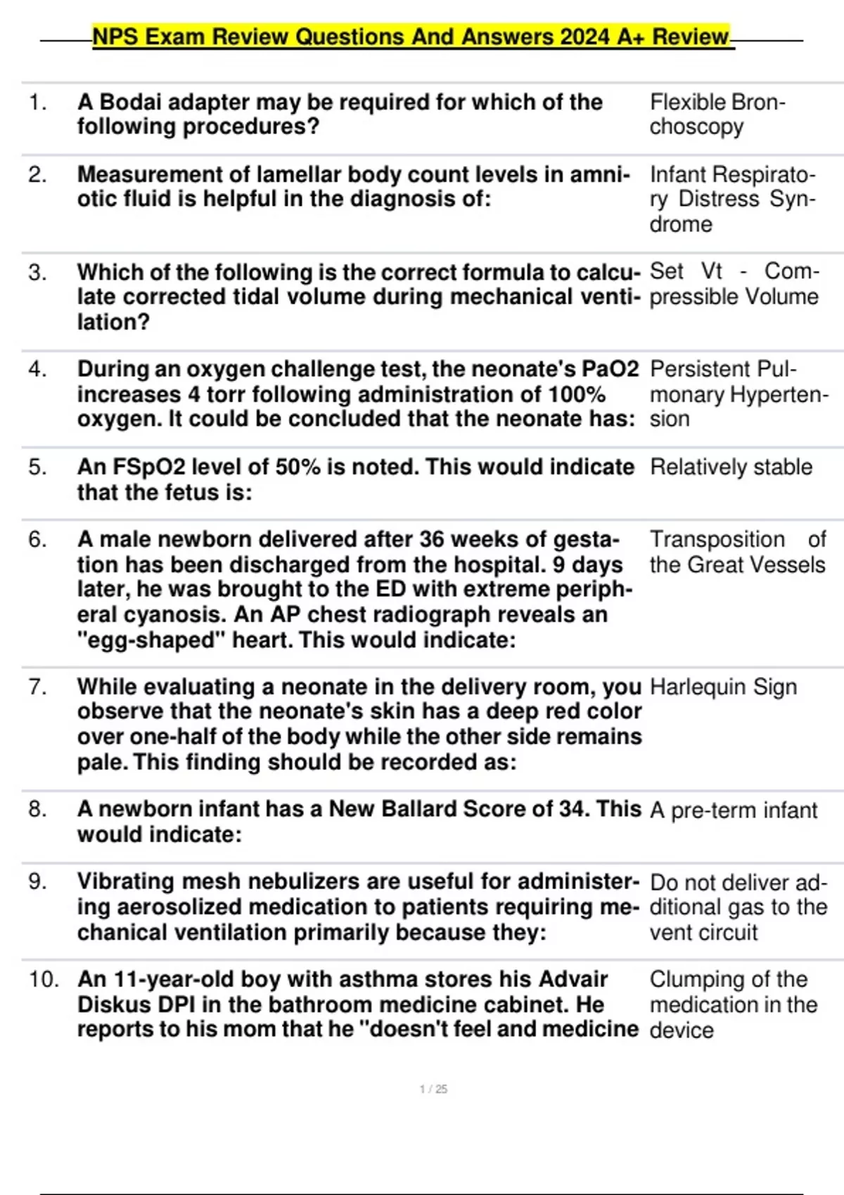 NPS Mechanical Ventilation Questions And Answers 2024 A+, NPS KETTERING