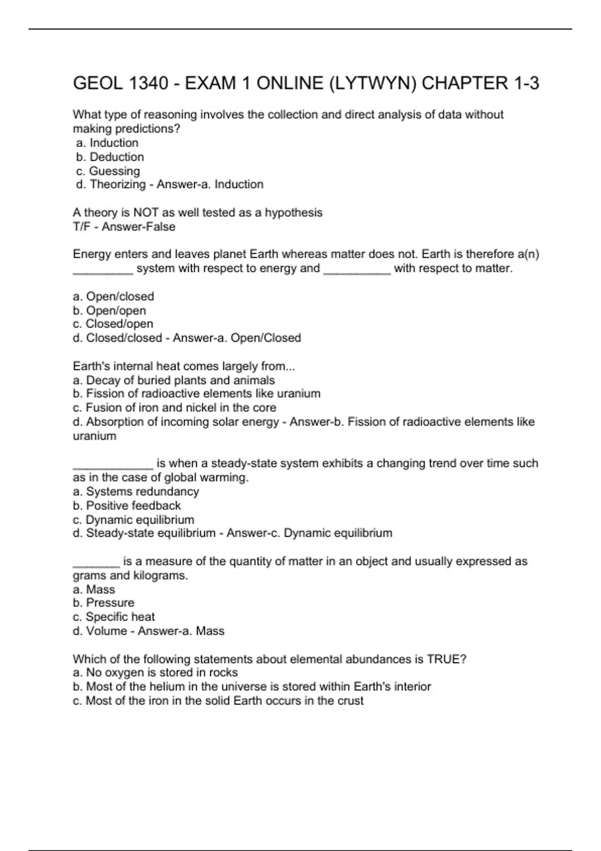 GEOL 1340 - Exam 1 Online (Lytwyn) Chapter 1-3 - GEOL 1340 - Stuvia US