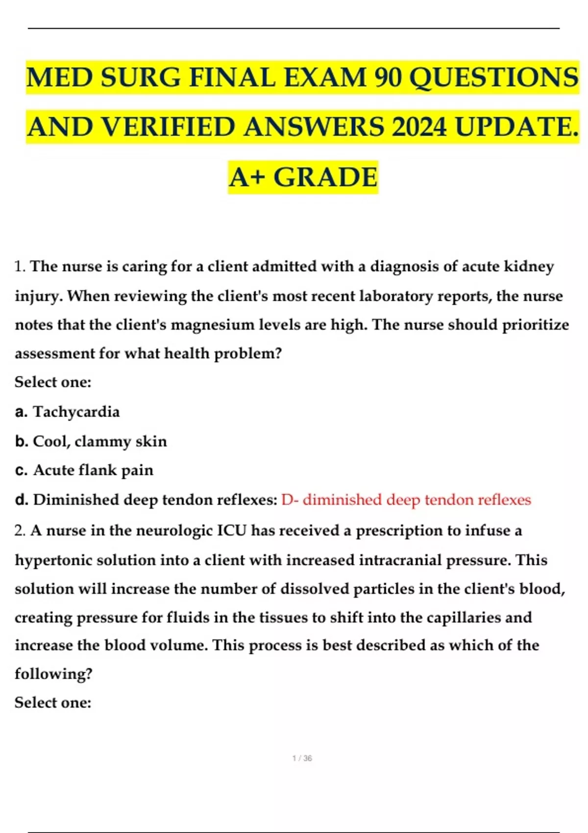 MED SURG FINAL EXAM 90 QUESTIONS AND VERIFIED ANSWERS 2024 UPDATE. A+ ...