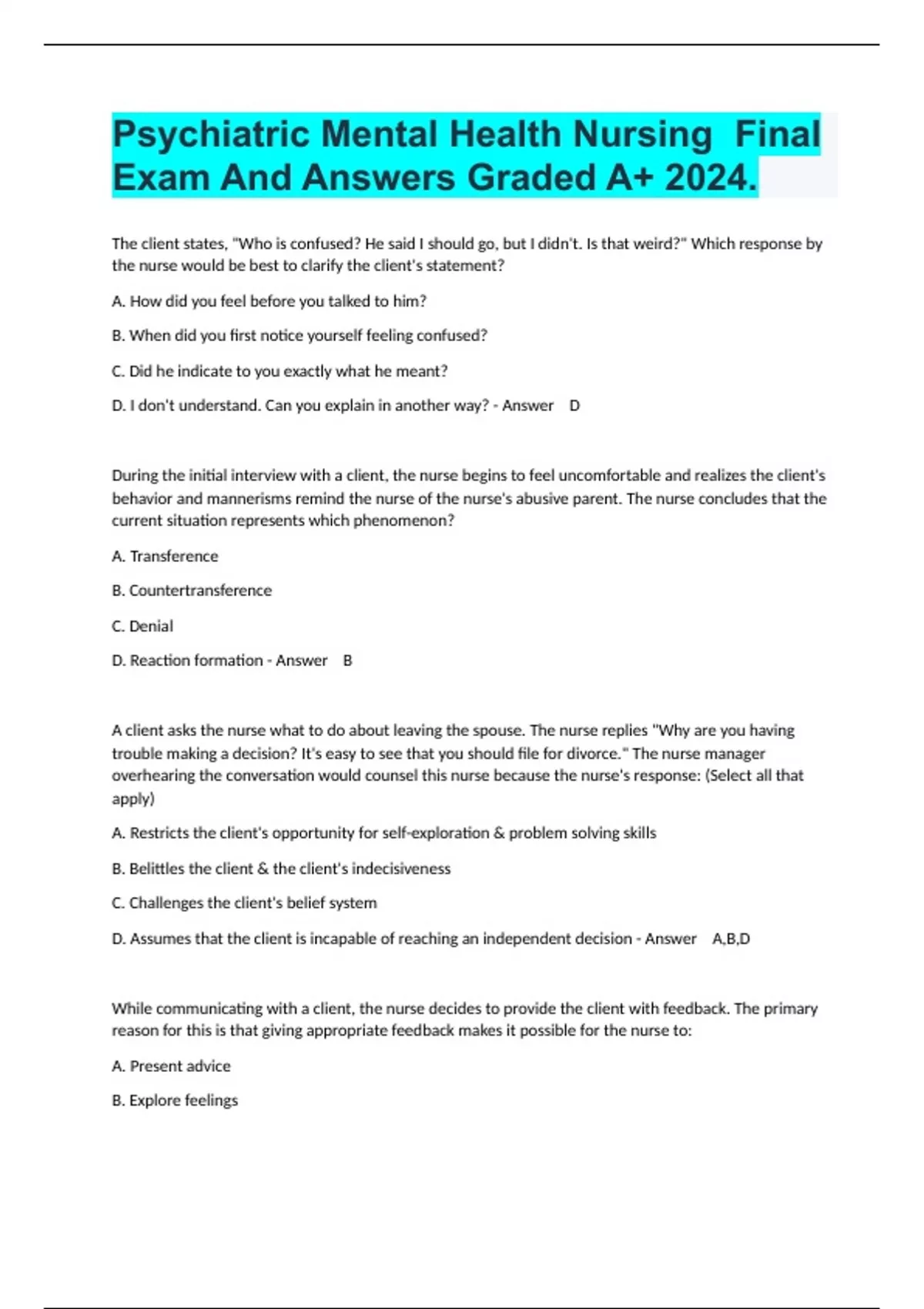 Psychiatric Mental Health Nursing Final Exam And Answers Graded A+ 2024 ...