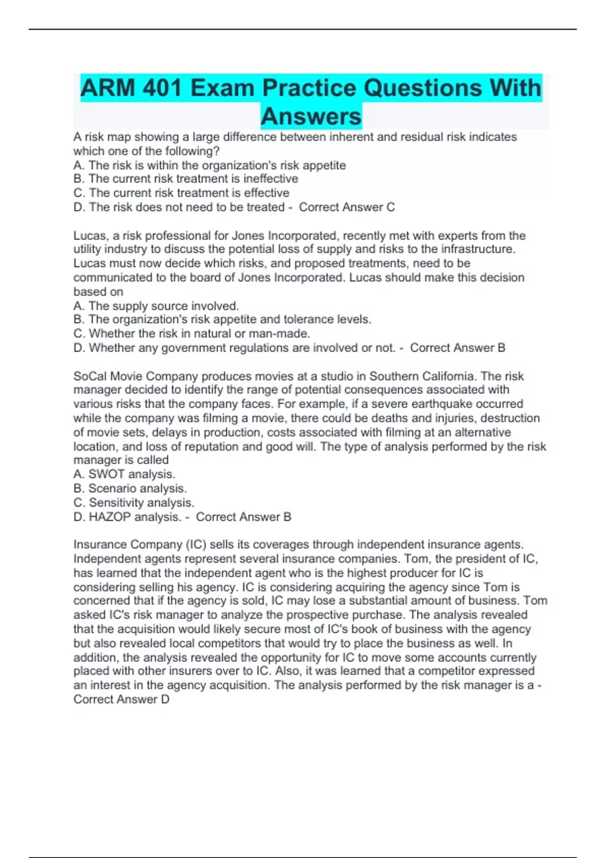 ARM 401 Exam Practice Questions With Answers - ARM 401 - Stuvia US