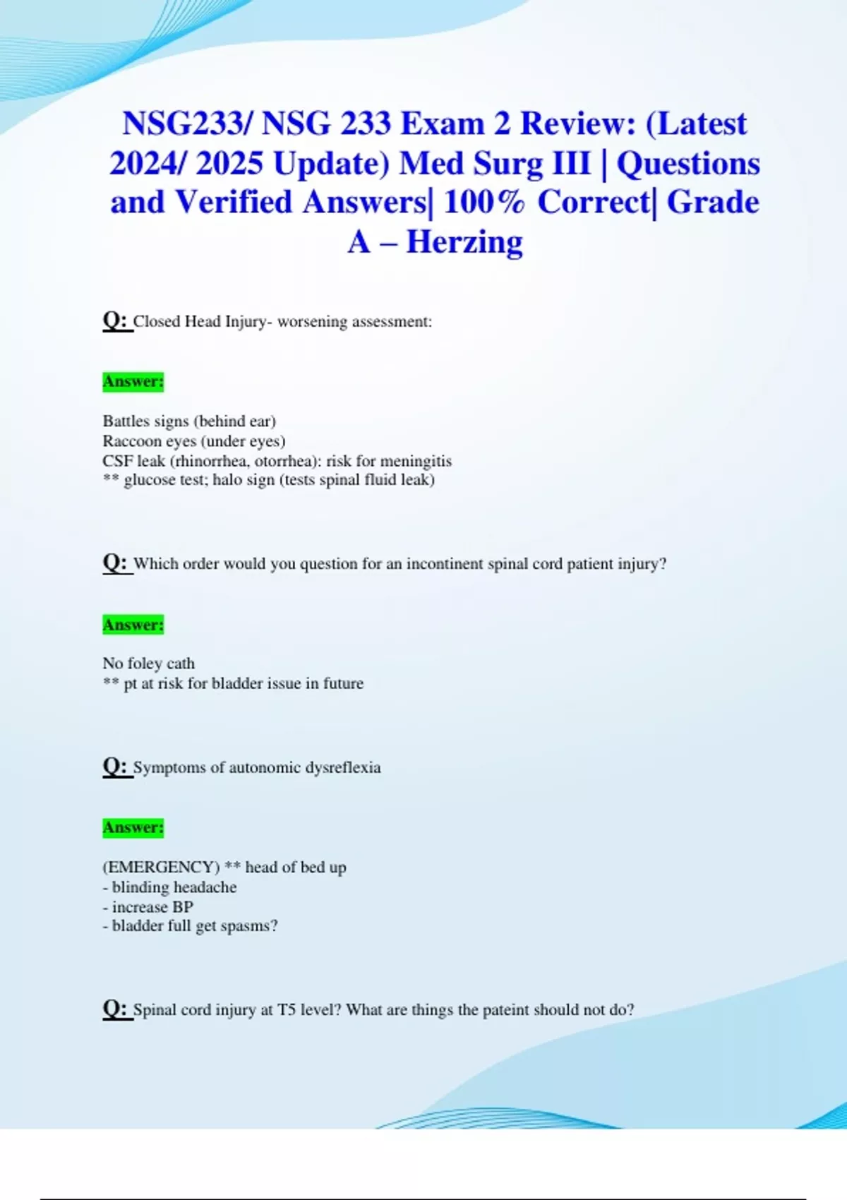 NSG233/ NSG 233 Exam 2 Review: (Latest 2024/ 2025 Update) Med Surg III ...