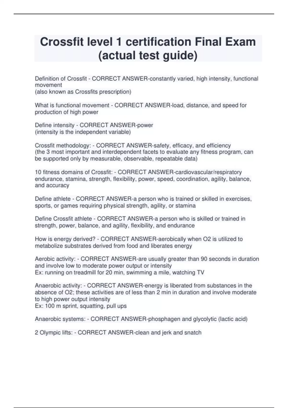 Crossfit level 1 certification Final Exam (actual test guide