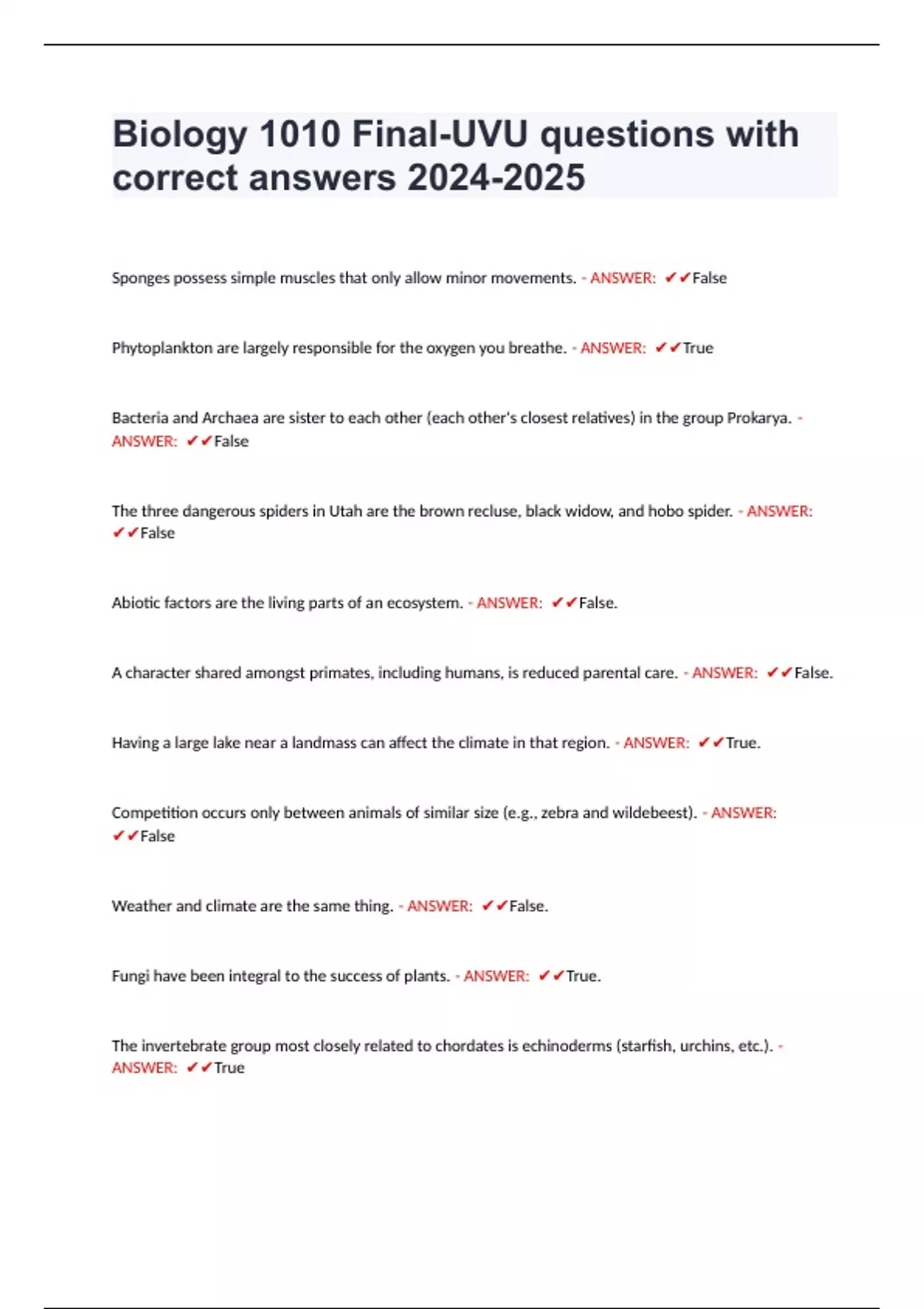 Biology 1010 FinalUVU questions with correct answers Uvu biology